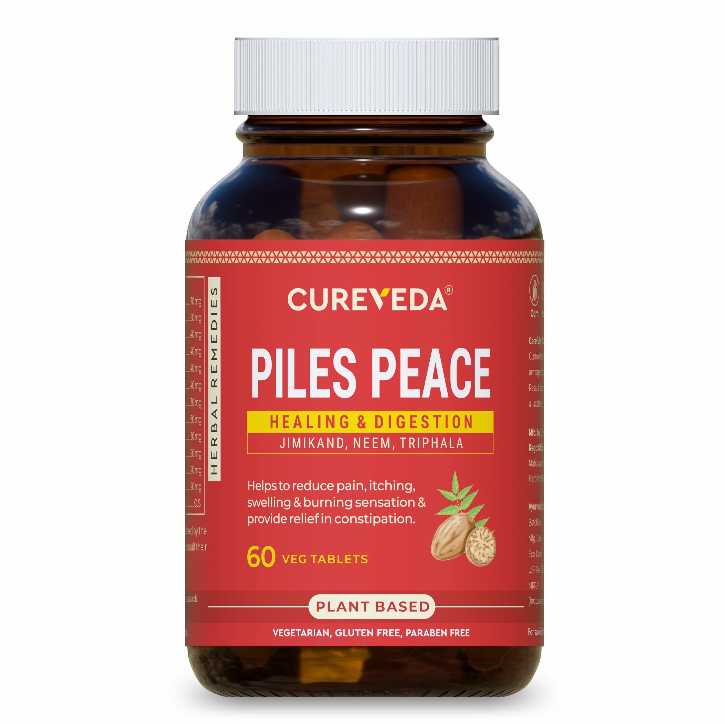 Cureveda? Herbal Piles Peace Fast Relief Bavasir Hemorrhoid Support Piles (60 Tabs) Jimikand, Neem, Triphala