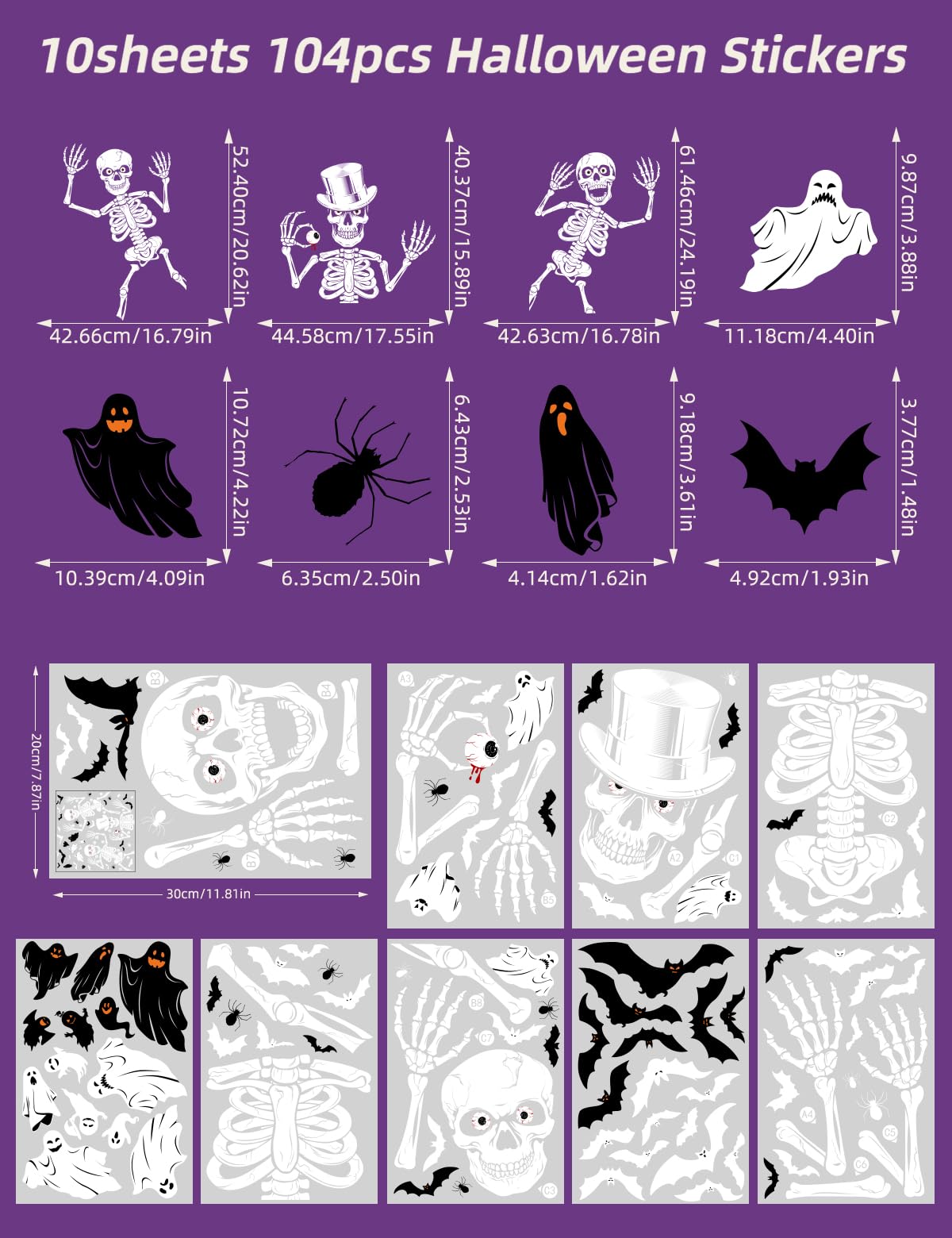 98pcs Halloween Window Stickers Set - Skeleton, Bats, Spider Webs Clings For Indoor Decor