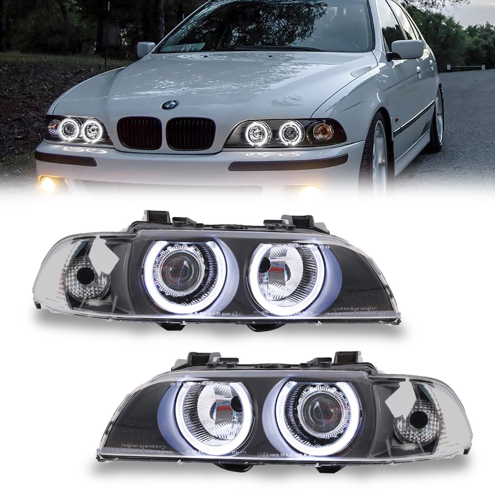 PENSUN Headlights LED Halo Projector Black Fit For 1996-2003 BMW E39 525I 528I 530I M5 Pair Driver and Passenger Side