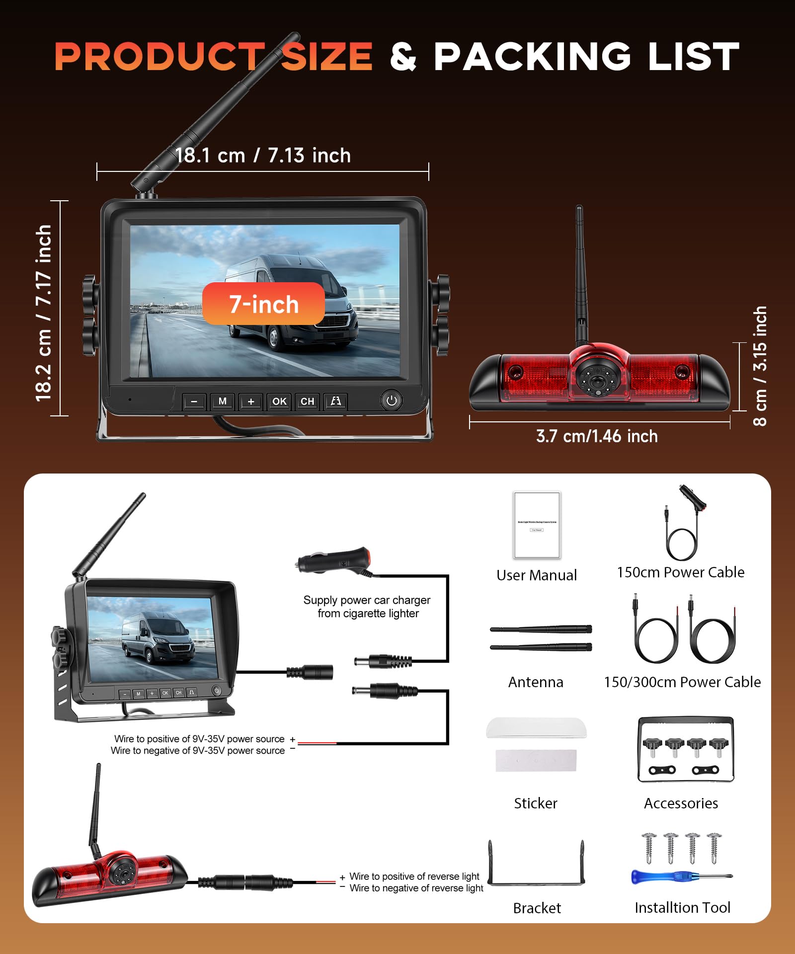 Rimoody Inalámbrica Cámara de Marcha Atrás para FIAT Ducato 3/Peugeot Boxer/Citroen Jumper 2006-2017, 7 Pulgadas Monitor, Cámara para Tercera Luz de Freno Visión Nocturna Impermeable 68 Vídeo en bucle