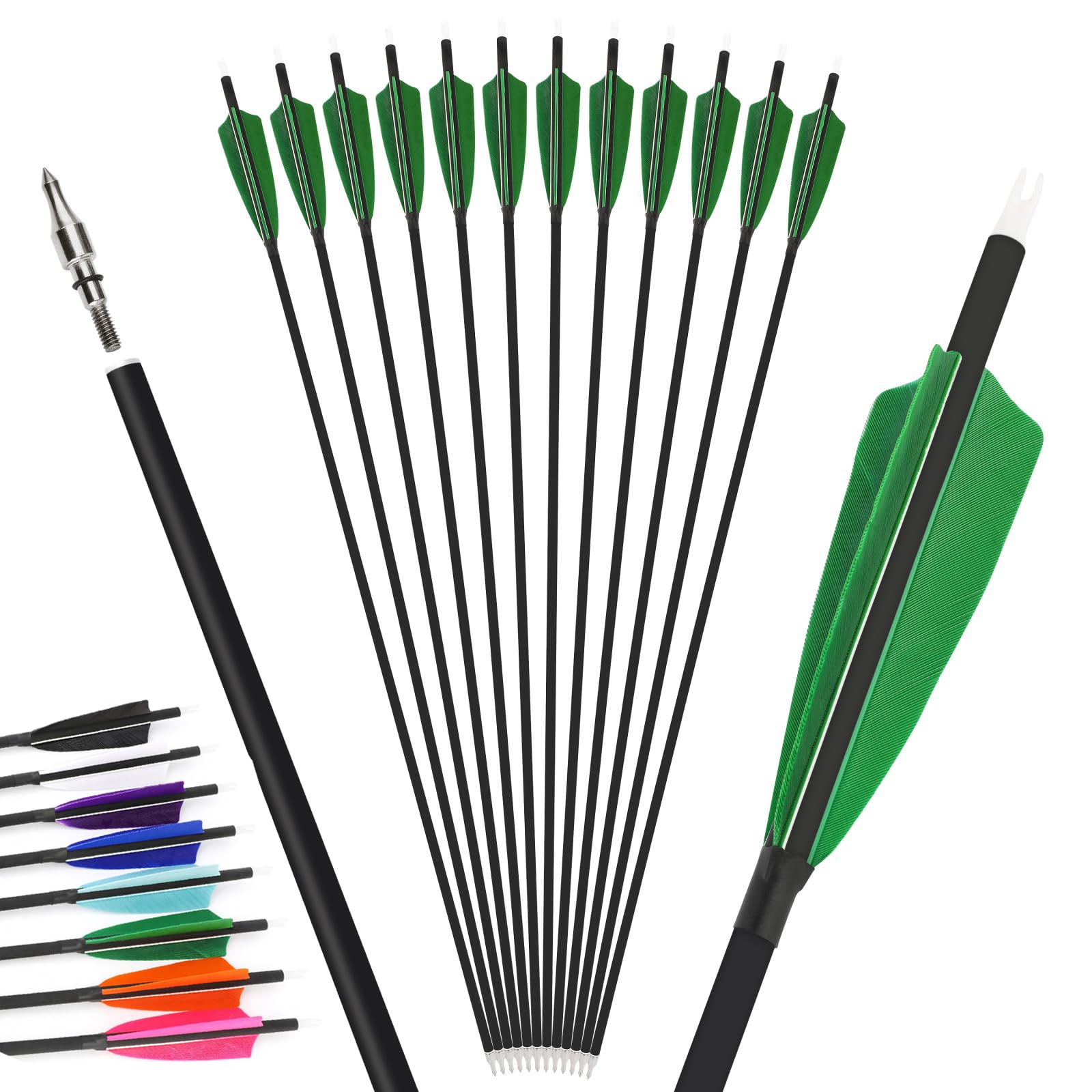 12Pcs 4inch Turkey Feather Mixed Carbon Arrow 500 Spine Archery Hunting Arrows Suit for Compound/Recurve Bow Target Practice Arrow (green, 30inch 6pcs)