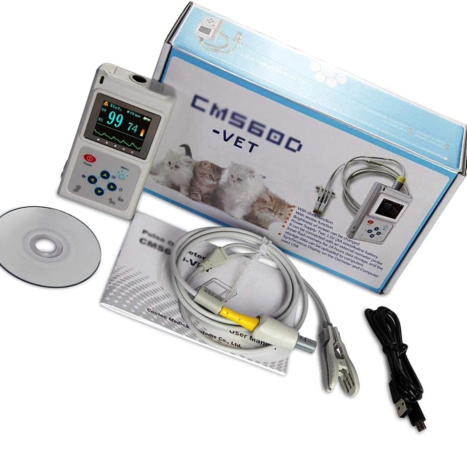 Oxímetro De Pulso Portátil, Oxímetro De Pulso Veterinario, Oxímetro De Pulso Veterinario Recargable, Monitor De Frecuencia De Pulso Spo2 Para Veterinario, Oído/Lengua, Función De Almacenamiento