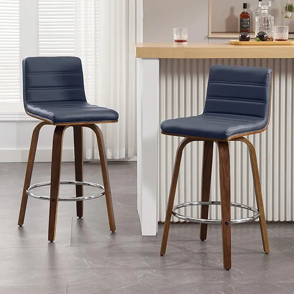 Bekrvio Bar Stools 26 Inch Counter Height, Set of 2, PU Leather Swivel Counter Stools with Backs, L Shape Back and Bentwood Legs, Mid-Century Modern Upholstered Kitchen Counter Stool Pub Chairs, Blue