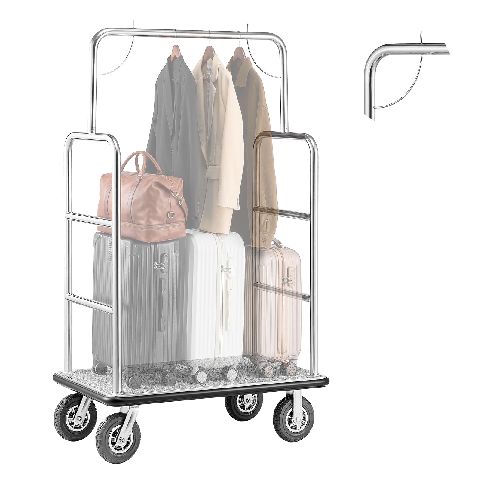 VEVOR Chariot à Bagages Hôtel, 544 kg, Chariot à Plate-Forme de Concierge, Finition INOX Brossé, avec Moquette Grise, Roues Caoutchouc 20,32 cm, Porte-Bagages pour Hôtels, Condos, Complexes Hôteliers
