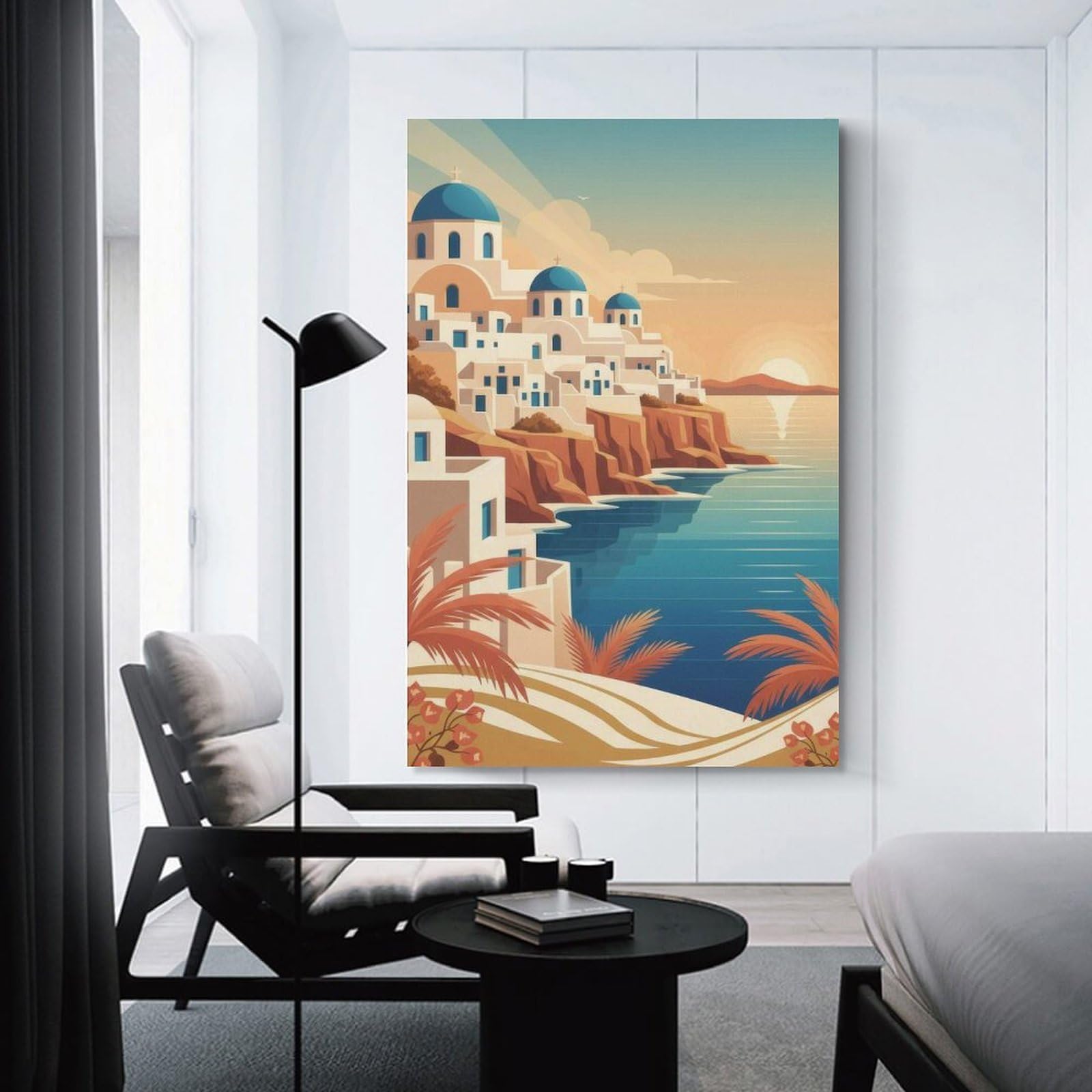 Junmoney Santorini Greece Coastal View Canvas Art Print 20x30inch(50x75cm), for Entrance Spaces, Stair Walls Or Halls, Wall Decor to Refresh Empty Corners