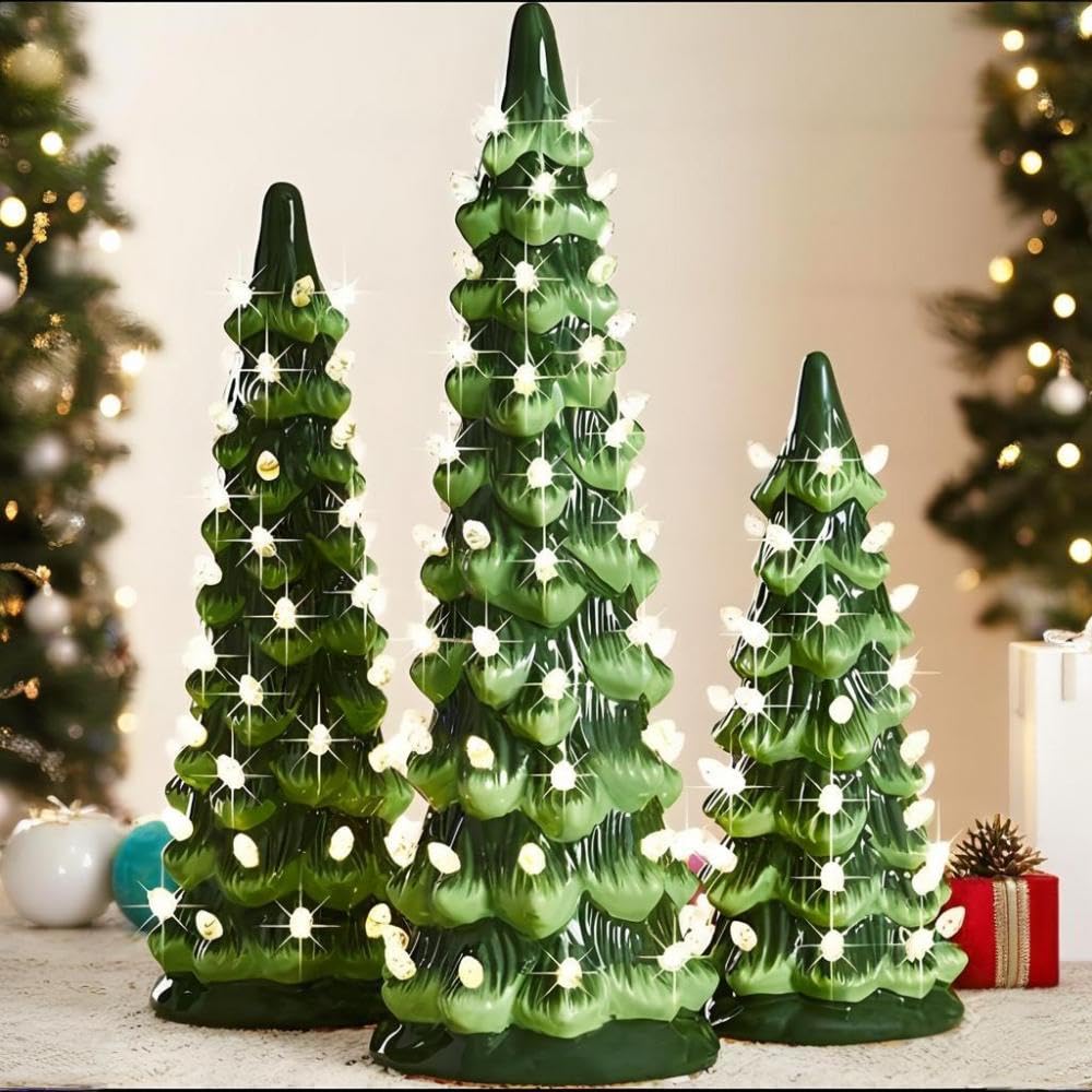 3 árboles de Navidad de cerámica de mesa, retro pintados a mano con temporizador, decoración navideña preiluminada, bombillas LED amarillas, adorno de festival de fiesta en casa