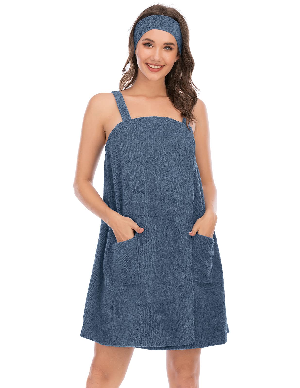 Veseacky Women Bath Wrap Towel for Womens Shower with Pocket Adjustable Spa Robe & Facial Headband
