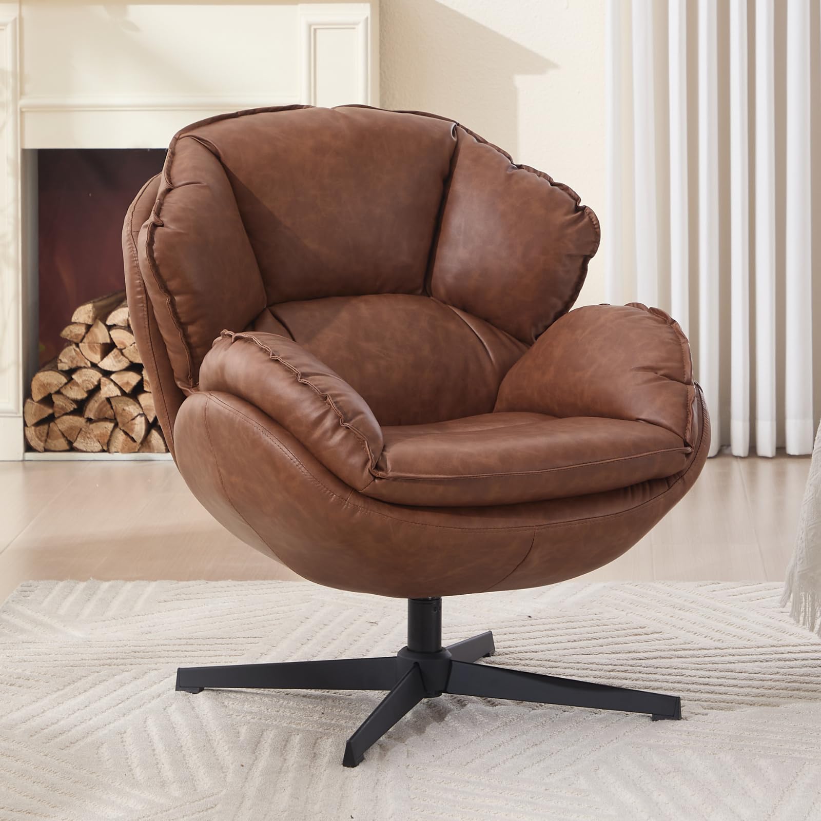 chairus Poltrona Girevole Salotto in Ecopelle Poltrona Imbottita Non-Regolabile Poltroncina Boucle con Gambe in Metallo Poltroncina Moderna per Soggiorno/Camera da Letto, Marrone