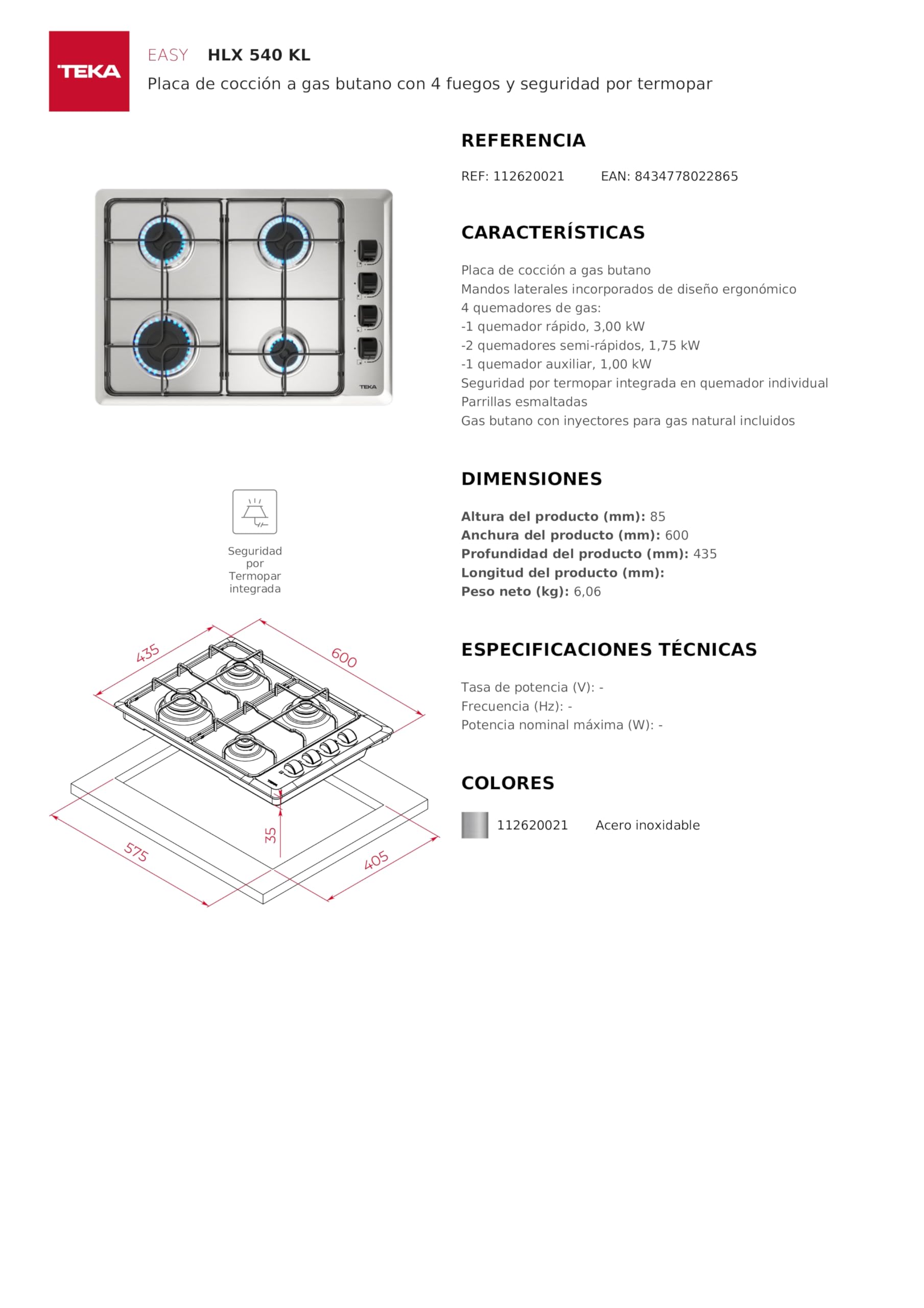 TEKA Placa de Gas Butano 60 cm, Medida Especial de Fondo 43.5 cm, 4 Quemadores con Mandos Laterales, Seguridad Termopar, Parrillas Esmaltadas, Modelo HLX 540 KL