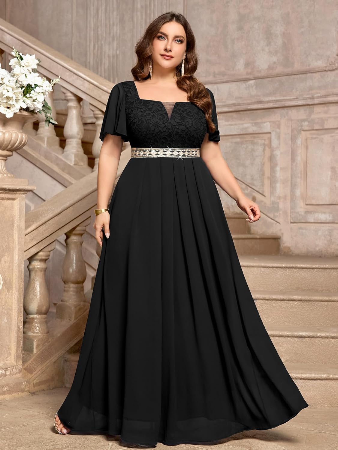 MISSMAY Women's Plus Size Floral Lace Ruffle Sleeves Beads Waist Chiffon Formal Party Maxi Dress - Image 3