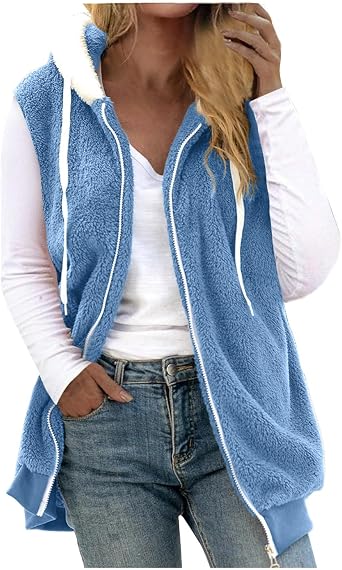 Sherpa Vest for Women Fuzzy Fleece Warm Soft Fall Vest Jackets Zip Up Sleeveless Hooded Lightweight Winter Coats
