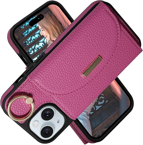 Keallce Funda tipo cartera para iPhone 15, funda de piel con tapa y 4 tarjeteros, soporte de anillo con función atril de soporte, funda protectora