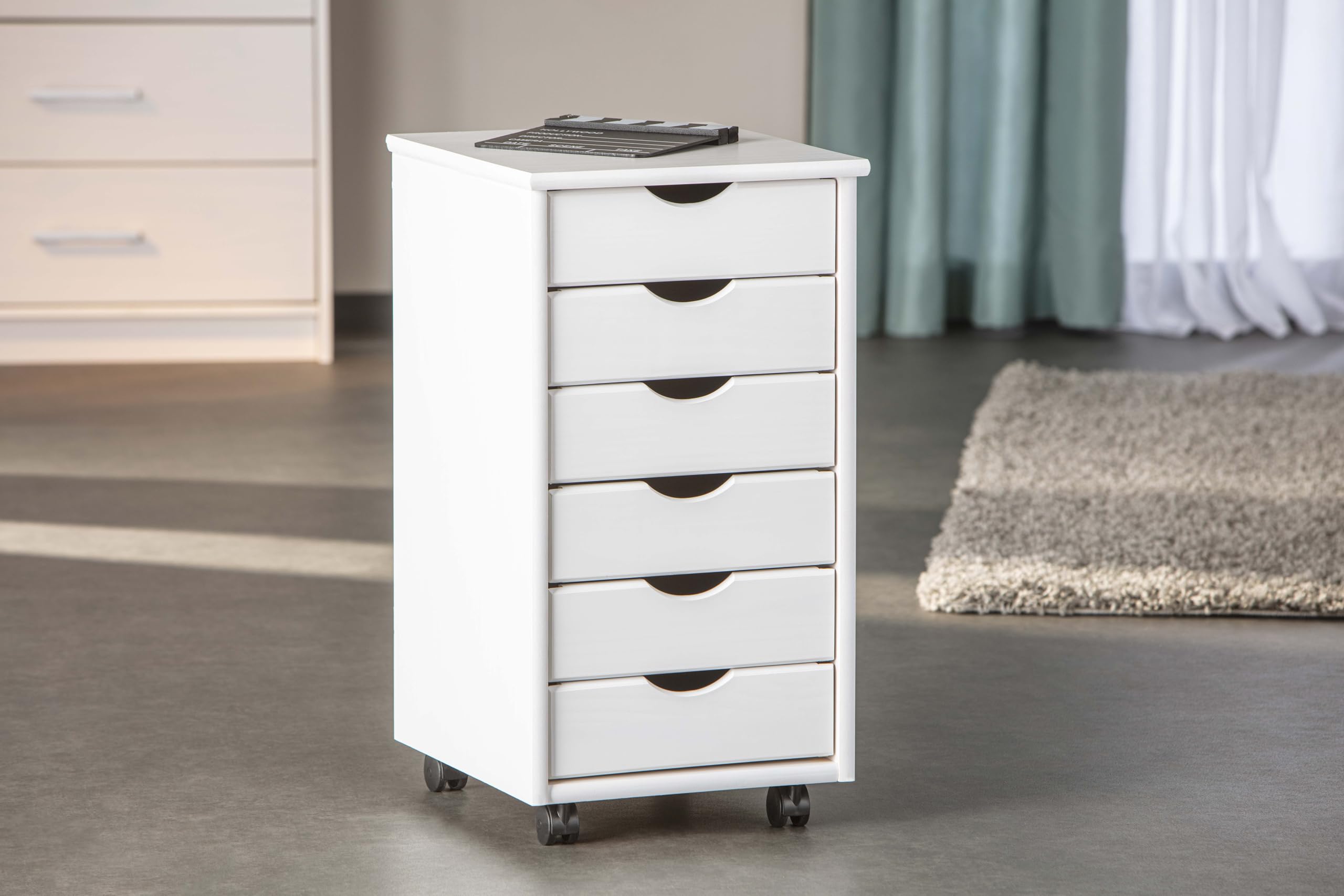 Inter Link - Piedistallo mobile - Piedistallo mobile con 6 cassetti - Piedistallo per ufficio - Mobile - Carrello mobile - Cassettiera - Legno di pino massiccio - Laccato bianco - 35 x 40 x 65 cm - Simon