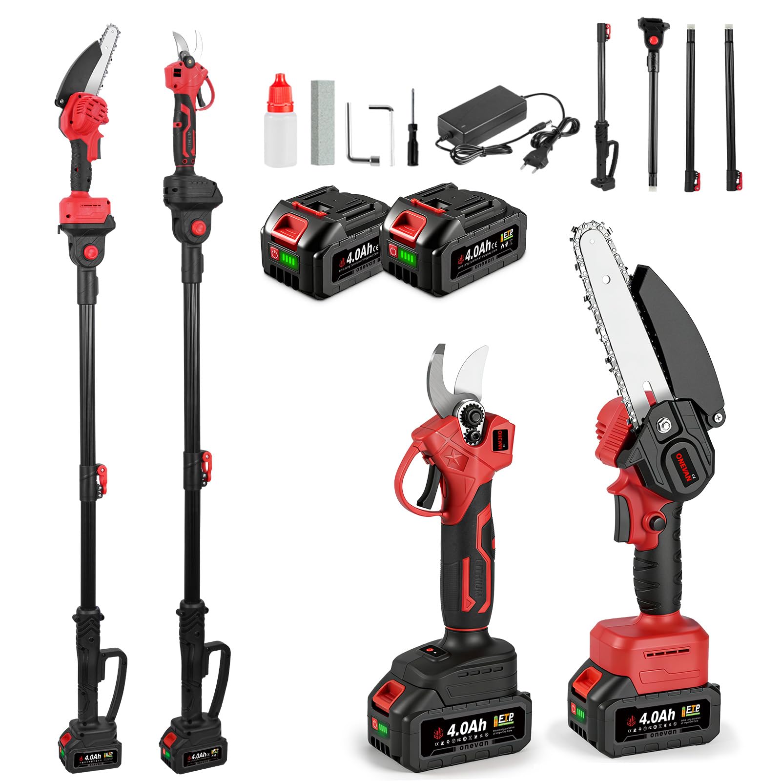 ONEVAN tijeras de podar telescópicas y motosierra telescopica bateria, 4 en 1 podadora de altura con 2 baterías de 4,0 Ah, sin escobillas 6" mini motosierra + podadora 25 mm + pértiga telescópica 2m