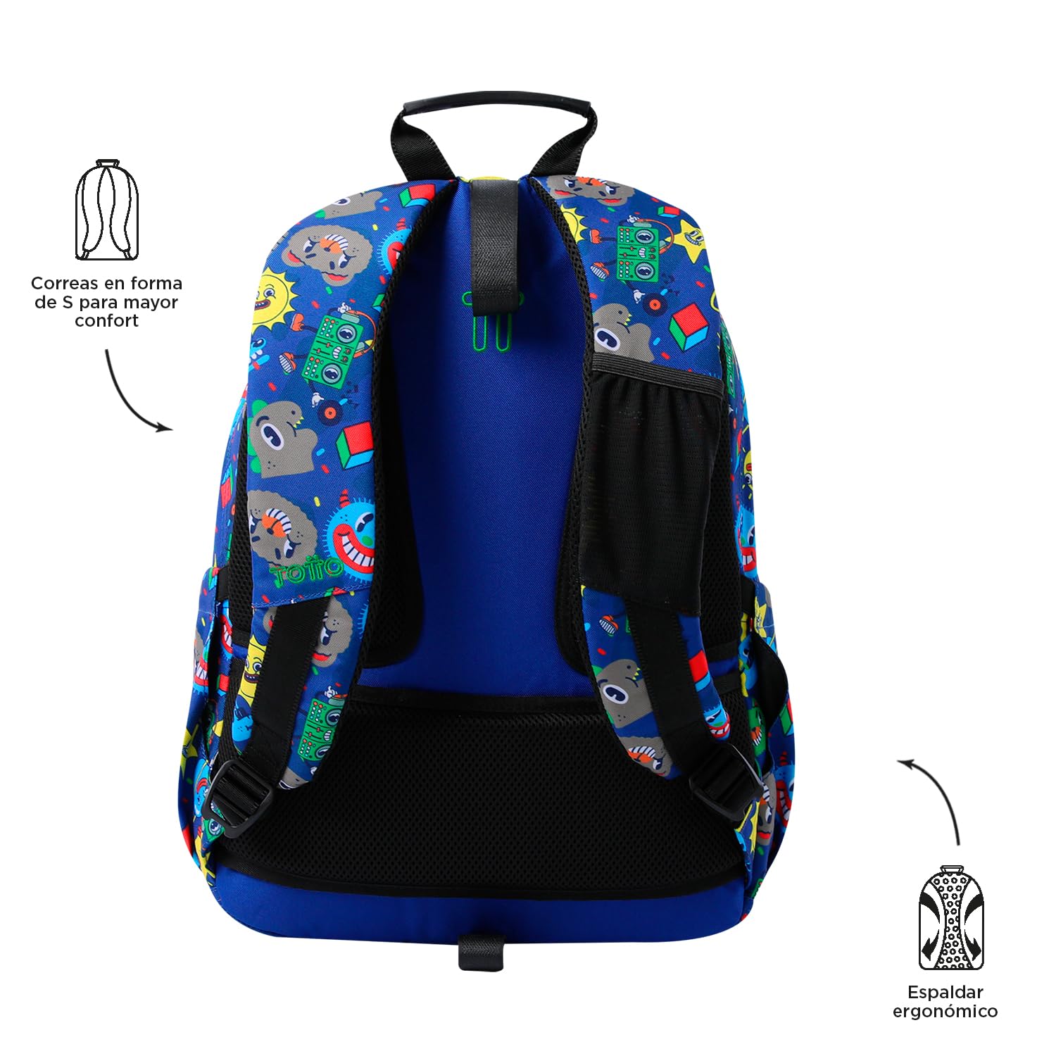 TOTTO - Mochila Escolar Adaptable a Carro, Modelo Acuareles, Capacidad 20 L, Bolsillo para Pc 14", 2 Bolsillo Botella, Espaldar Ergonómico con Flujo de Aire, Cómodas Correas en S, Estampado Tello