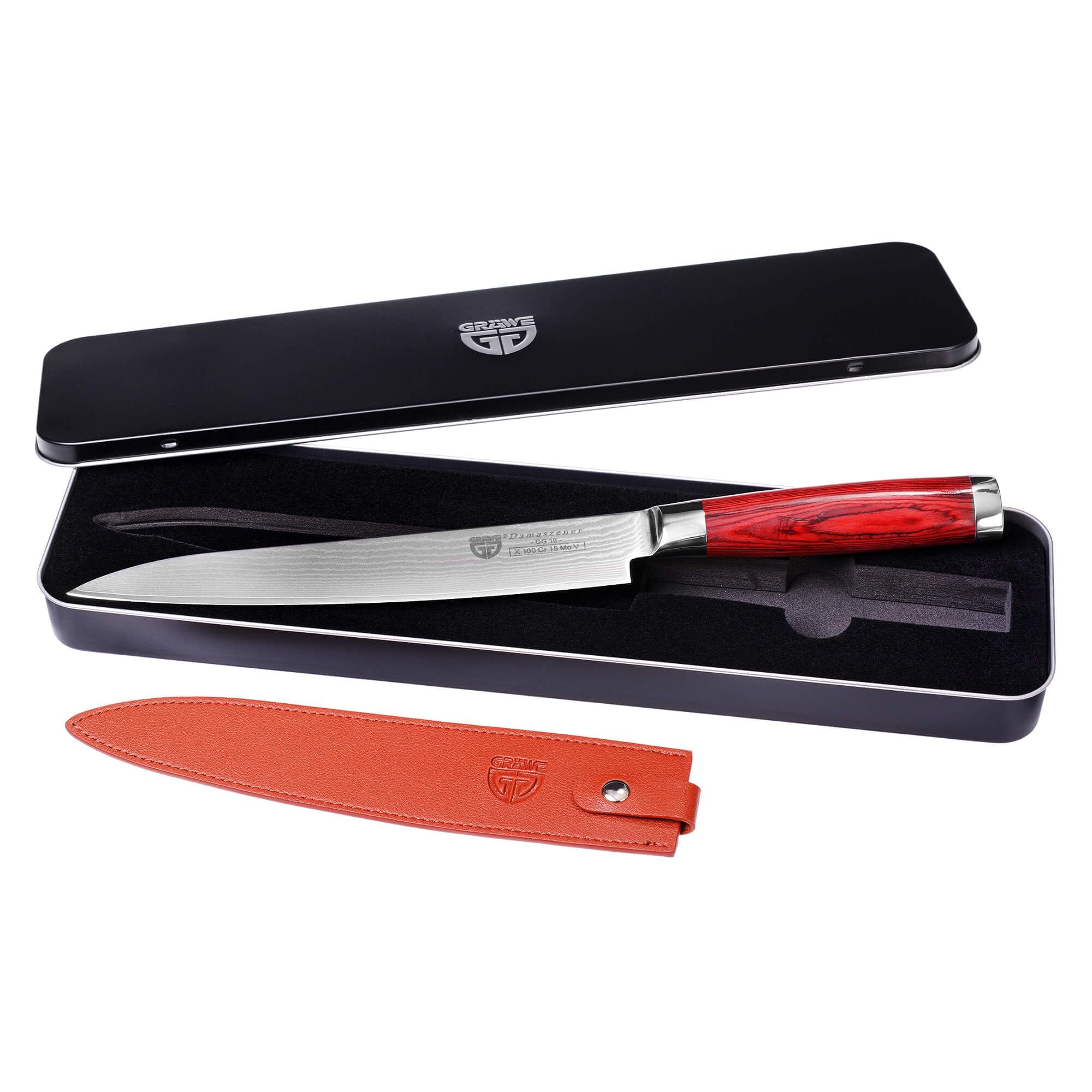 GRÄWE Nóż ze stali damasceńskiej, ostry, duży damasceński nóż Santoku, nóż kuchenny ze stali damasceńskiej, ostrze 21 cm, nóż szefa kuchni w stylu japońskim, z pudełkiem na prezent