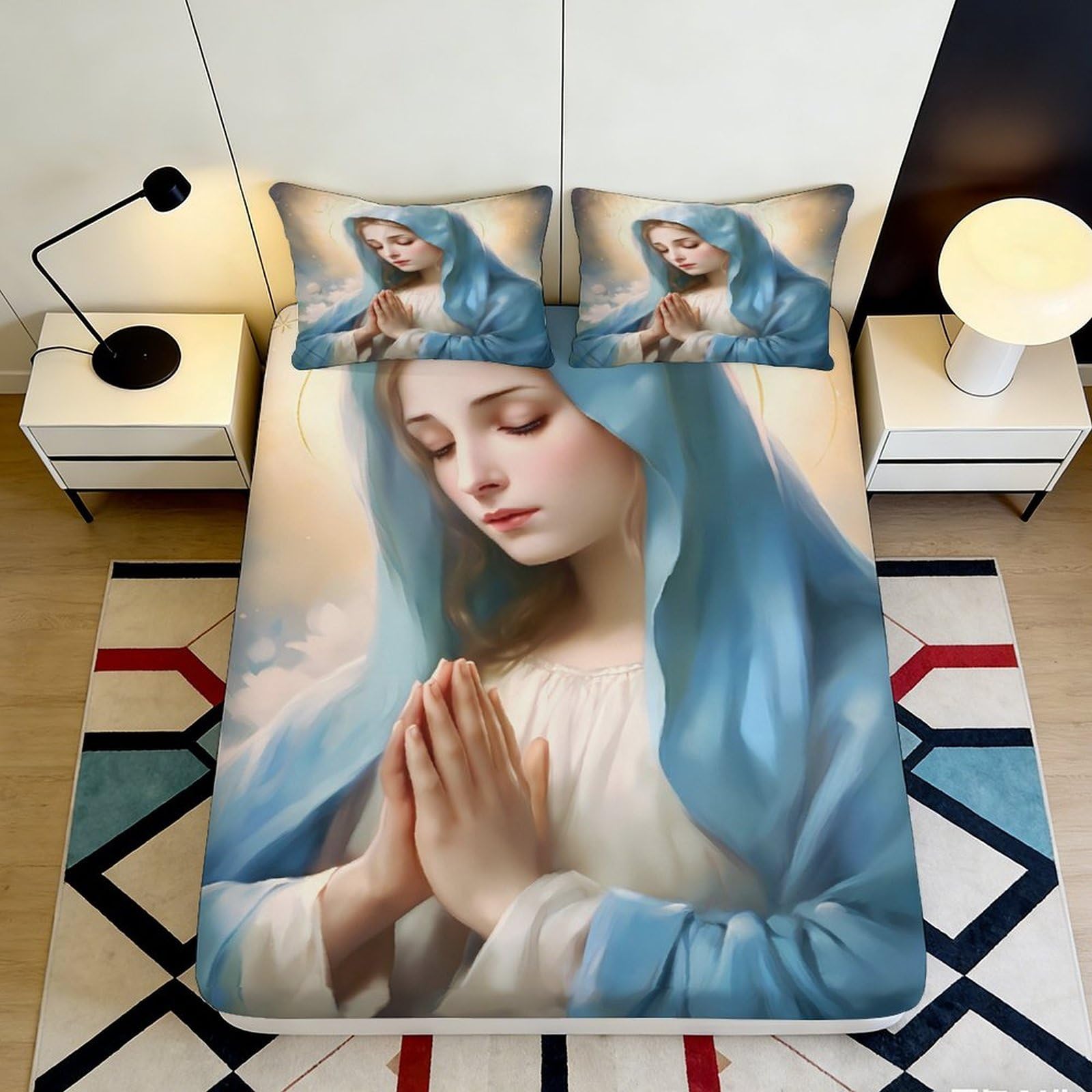 3D Printed Virgin Mary Fitted Sheet Microfiber Soft Blue Praying Madonna Mattress Cover Bedroom Decor Anti-Slip Easy Care 200x200x25cm