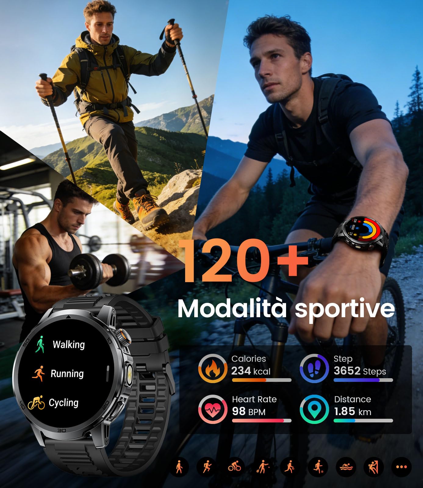 FITFLEX Smartwatch Uomo con 1000mAh Batteria, 1.85'' HD Grande Orologio Smartwatch con Chiamata e Risposta, LED Torcia, 120+ Modalità Sportive, Sonno Cardiofrequenzimetro SpO2 per Android iOS