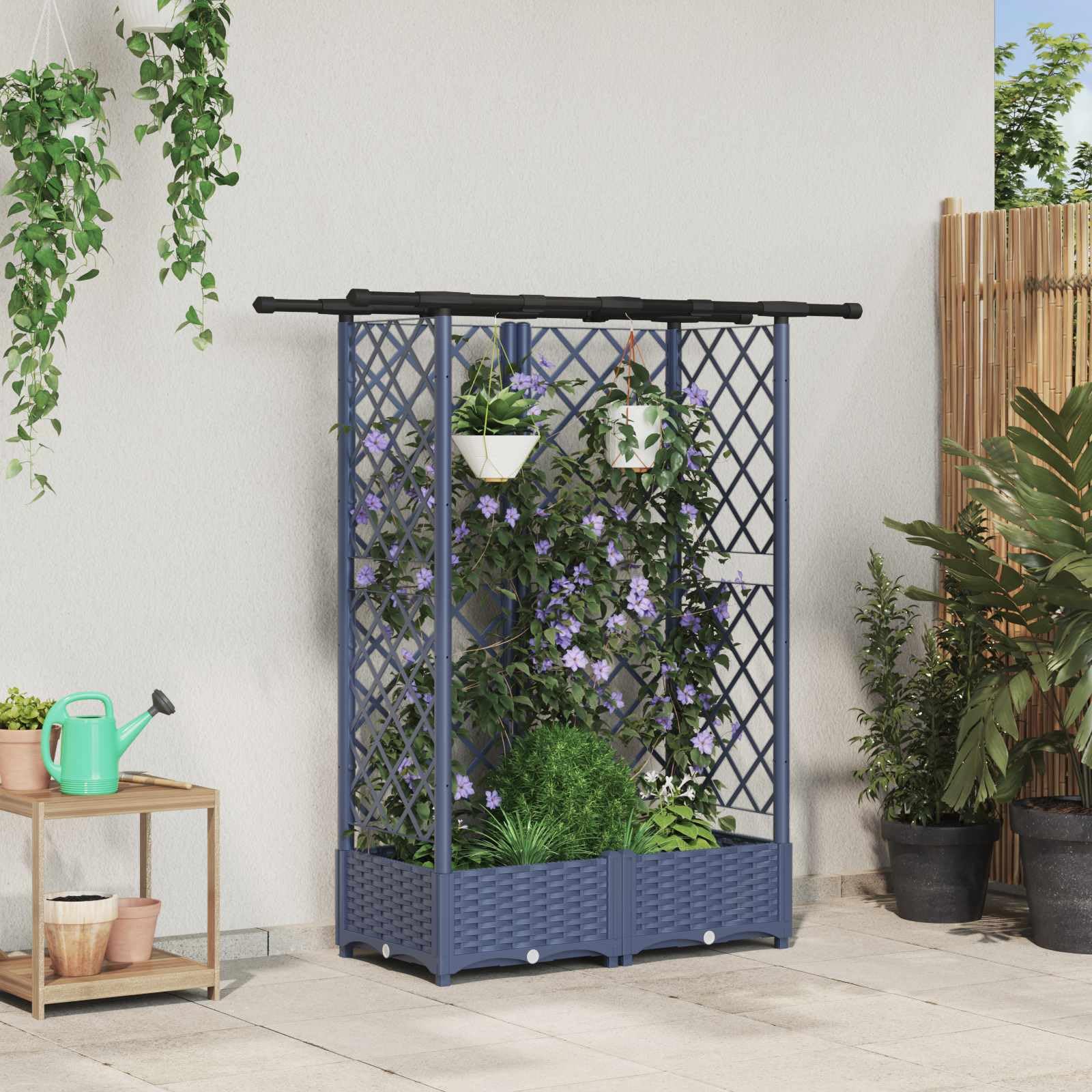 Bancal alto con enrejado gris de 124x40x121 cm para plantas en balcones