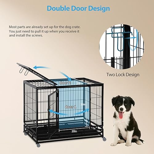 Miniatura 4 de Jaulas resistentes para perros grandes, jaula indestructible de 48 pulgadas para perros de alambre de metal, jaula de doble puerta con ruedas