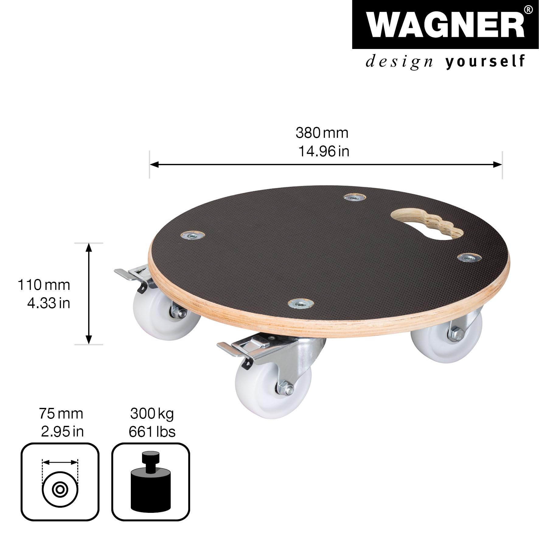 Wagner Carro de Transporte para Plantas Maxigrip Ø 38 x 11 cm I para Exterior + Interior I Madera contrachapada FSC® I 2 Frenos totales I Capacidad de Carga 250 kg I Fabricado en Alemania - 20110701