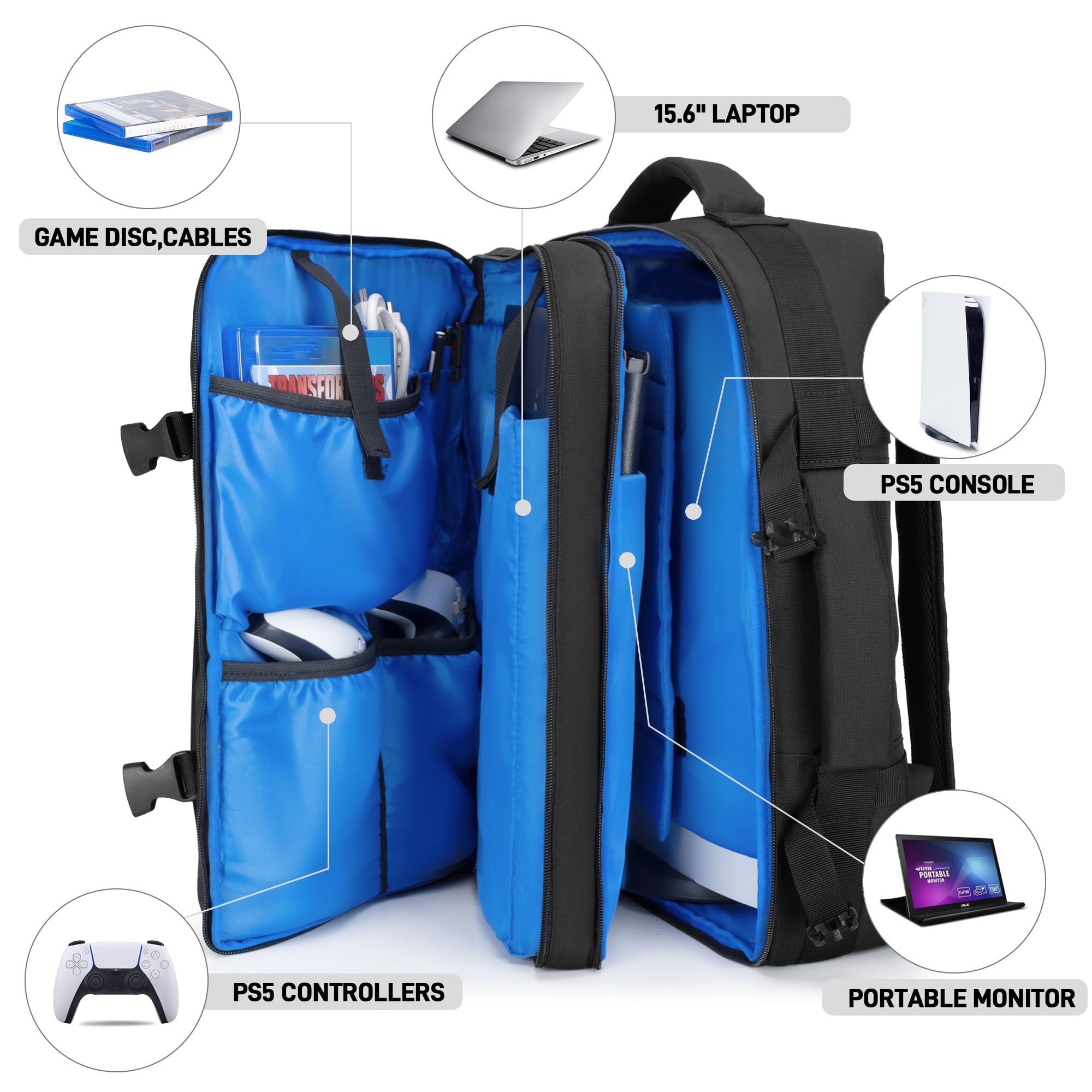 PGmoon Zaino da viaggio compatibile con console PS5/PS5 Slim/PS5 Pro | Custodia protettiva per controller, laptop da 15,6", dischi di gioco (design brevettato)
