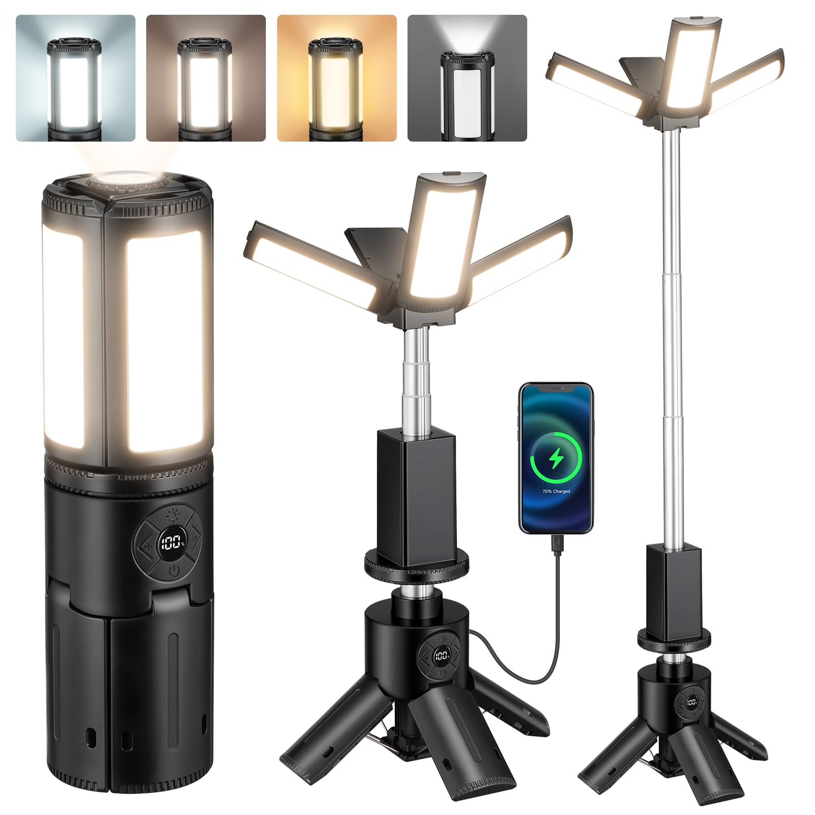 Glitnous Telescopic Camping Light, 12000mAh Rechargeable Camping Lights Portable with Stand Collapsible Outdoor Camping Lanterns 7200/5000/3600K Dimmable IPX5 Waterproof for Camping Hiking Emergency