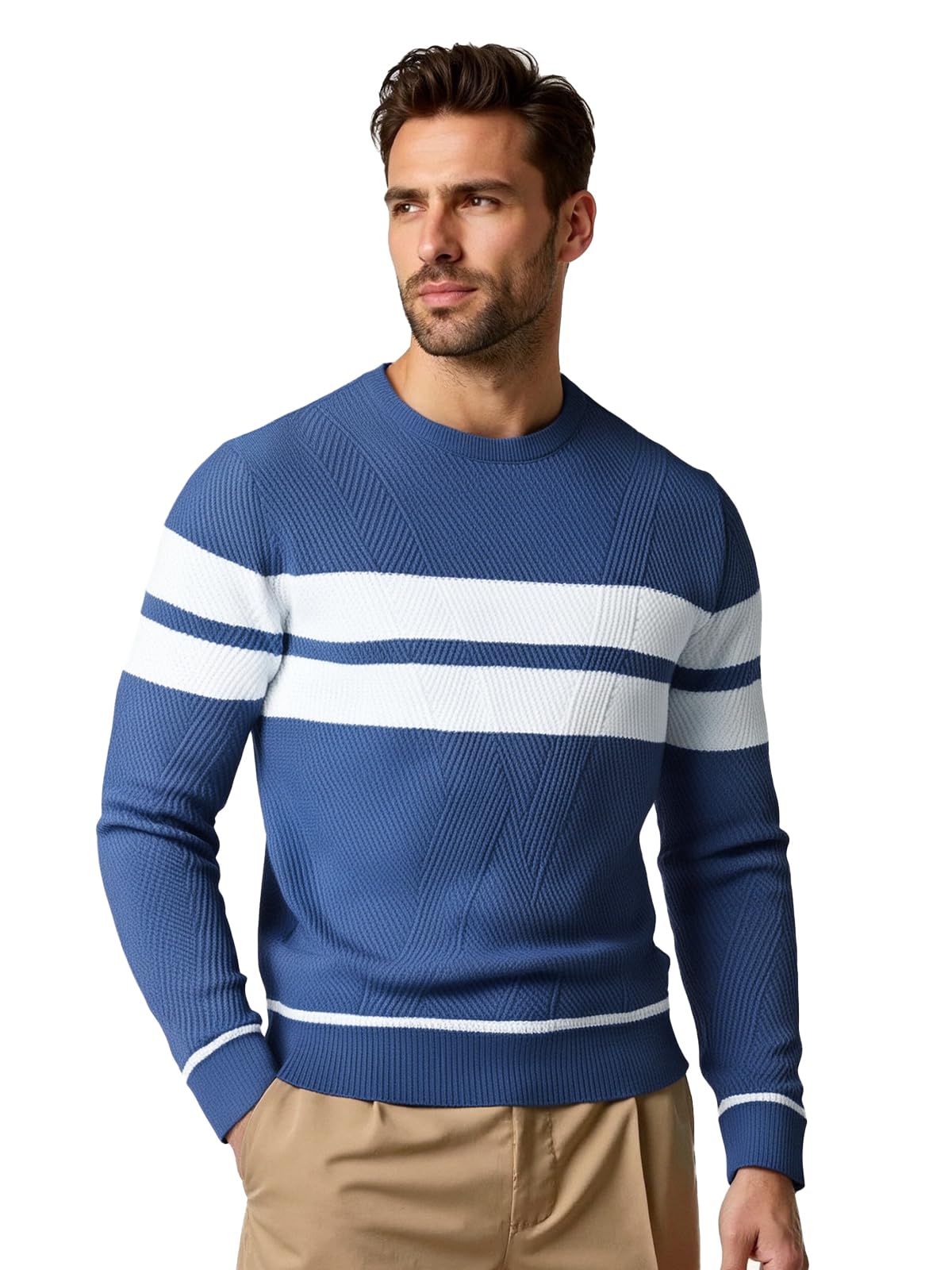 Jersey Hombre Invierno Suéter Casual con Bloques de Color Cuello Redondo Manga Larga Jersey de Uso Diario a Rayas Tops