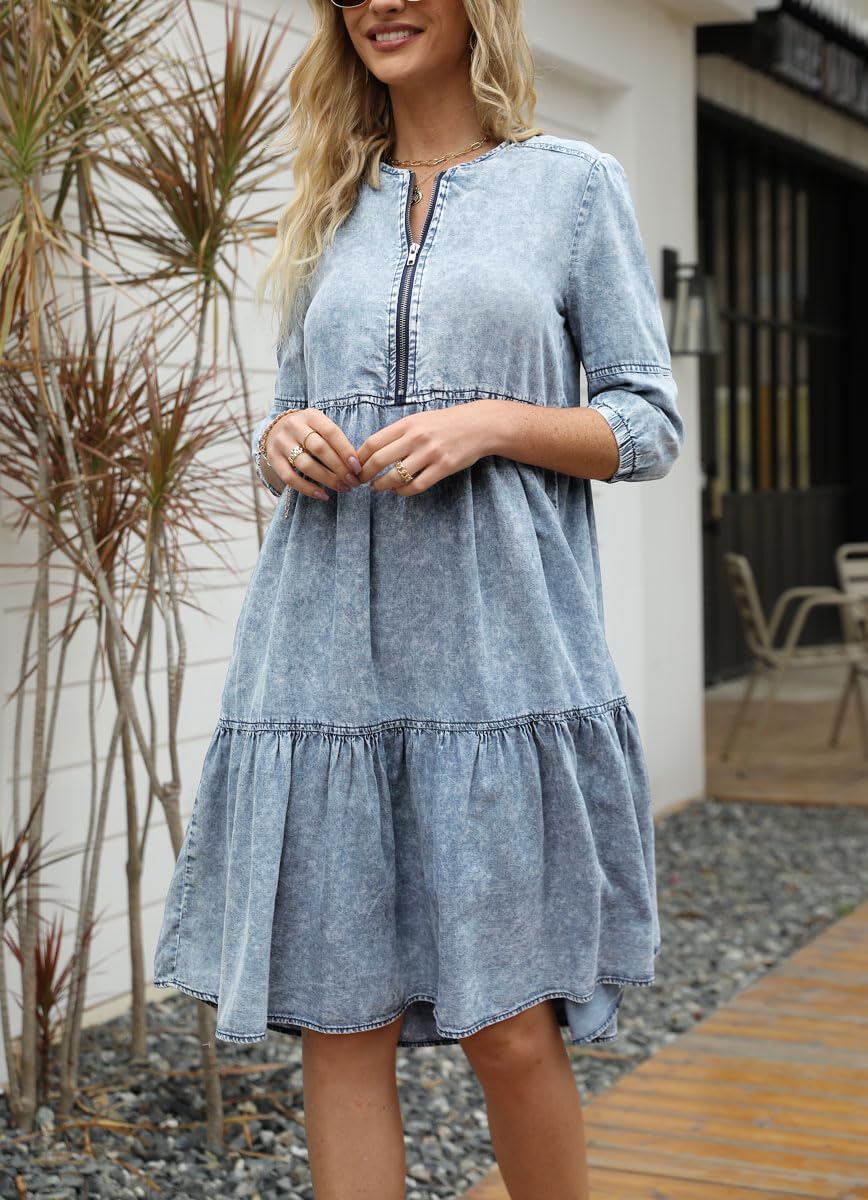 chouyatou Women's Vintage Washed Loose Fit 3/4 Sleeve Tiered Babydoll Mini Denim Jean Dress - Image 4
