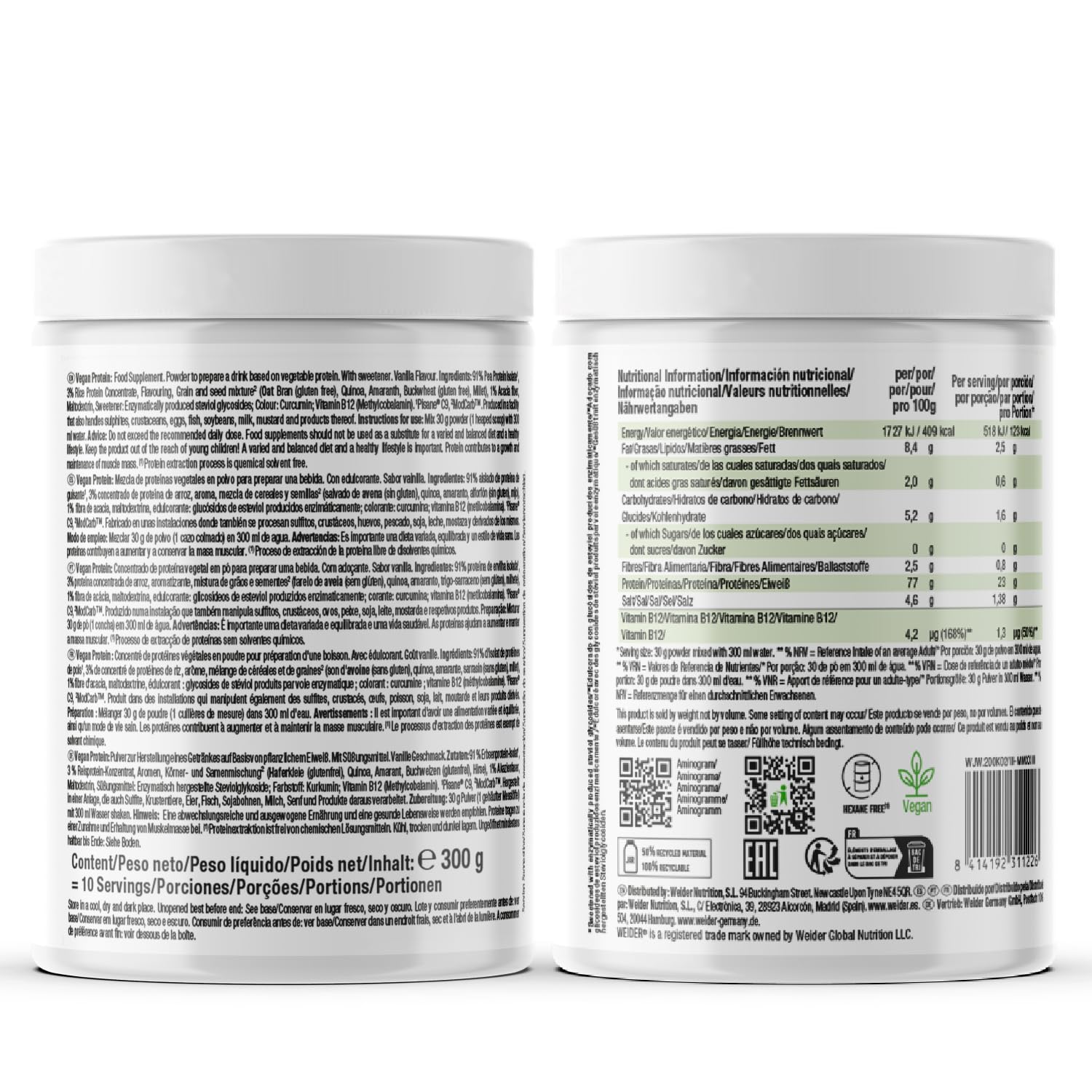 Weider Vegan Protein PACK DUO (2x300g) Goût Vanille et Chocolat. Protéines 100% Vegetal d'Isolat Pois & Riz. Avec Vitamine B12 & Stevia. Sans Gluten, Sans Sucre. Emballage 50% Recyclé, 100% Recyclable
