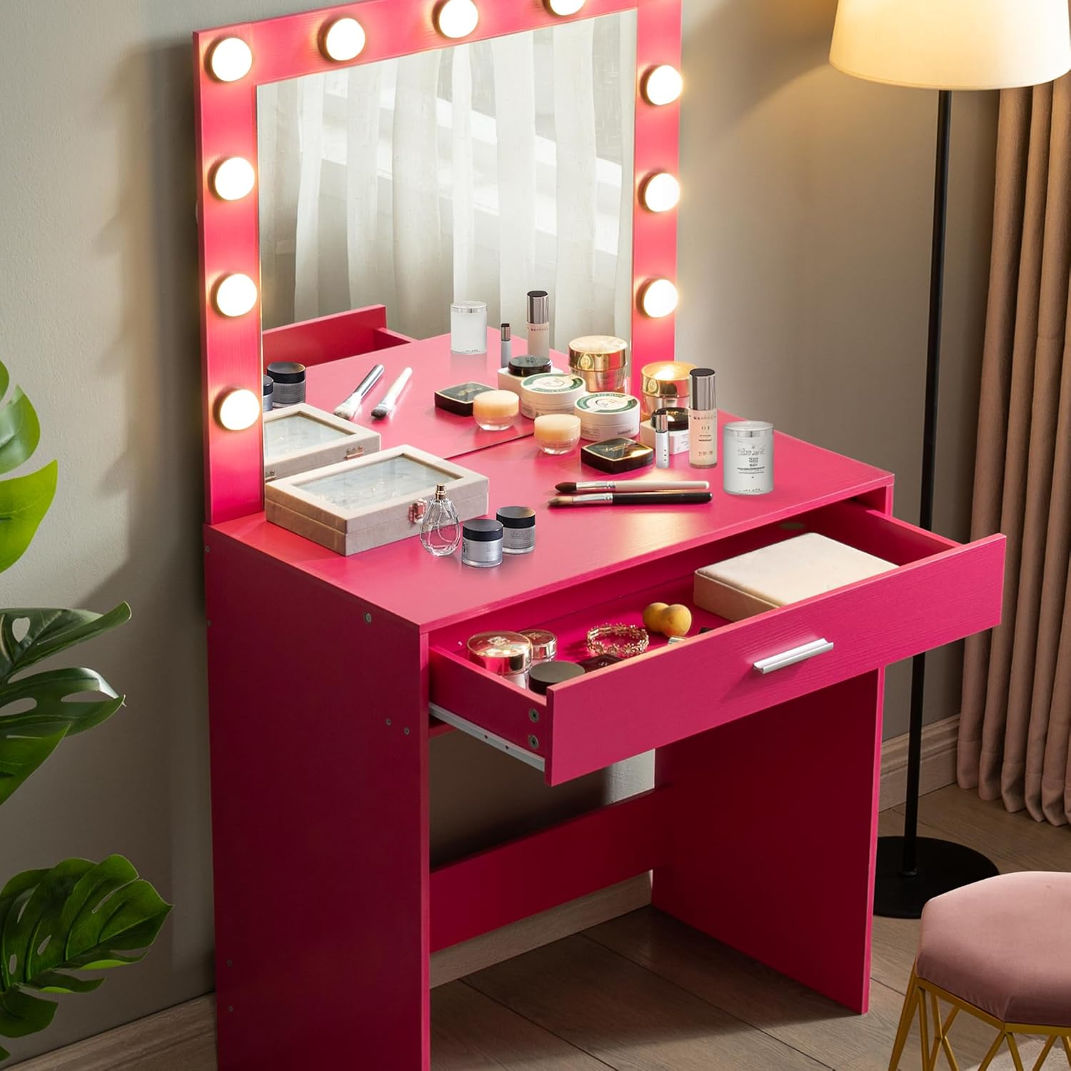 Vanity Desk with Lighted Mirror & 11 Dimmable LED Bulbs, Makeup Table with Drawer, Modern Dressing Table for Bedroom, Girls, Women, Easy Assembly, Adjustable Brightness, Great Gift Idea, Pink
