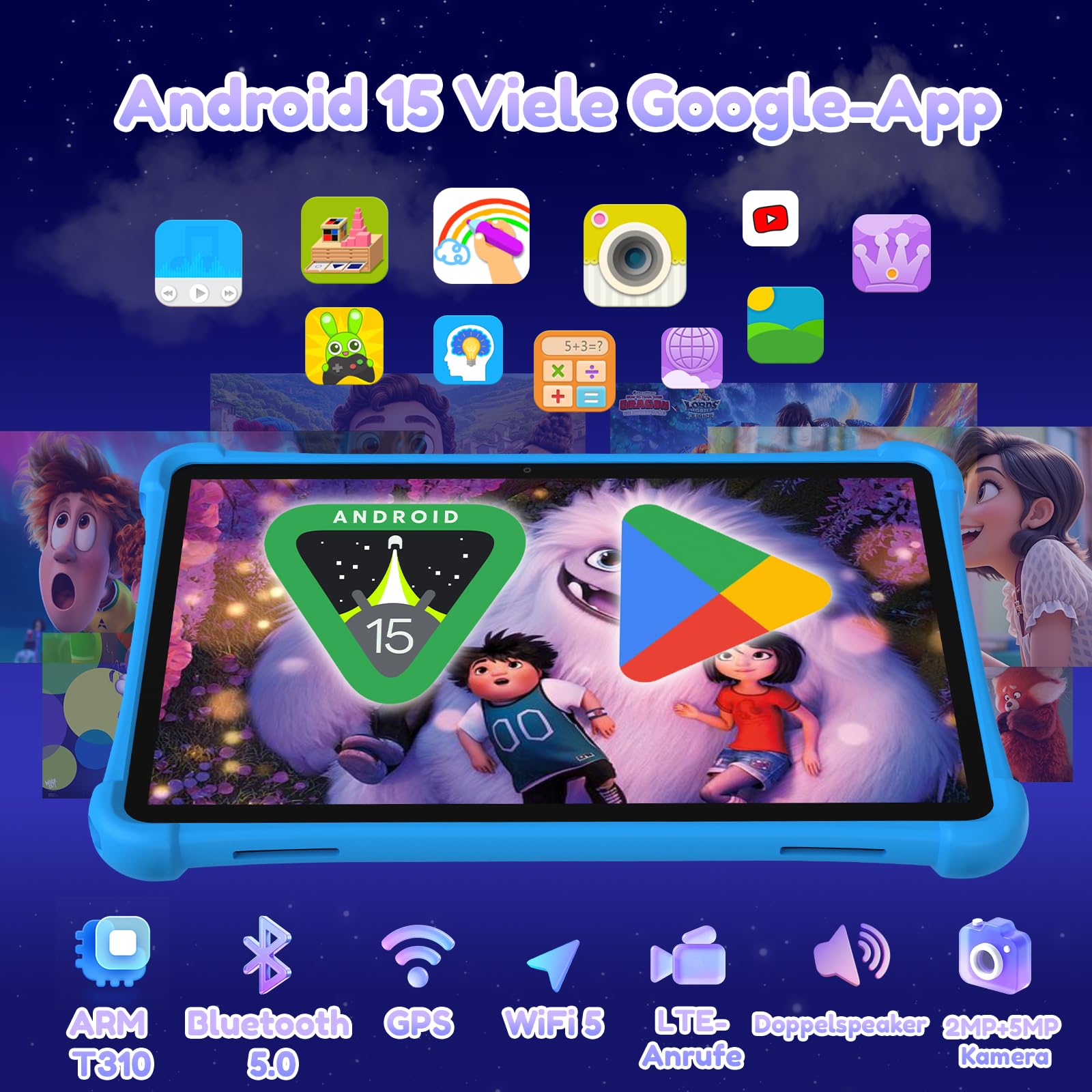ALLDOCUBE 10-Zoll LTE-Kindertablet, iWaWa Kinderschutz, Android 15, Blau | 7GB RAM+64GB ROM (512GB TF), 5500mAh, 4G-Telefonie, GPS, Stoßfeste Schutzhülle, iPlay 70 SE