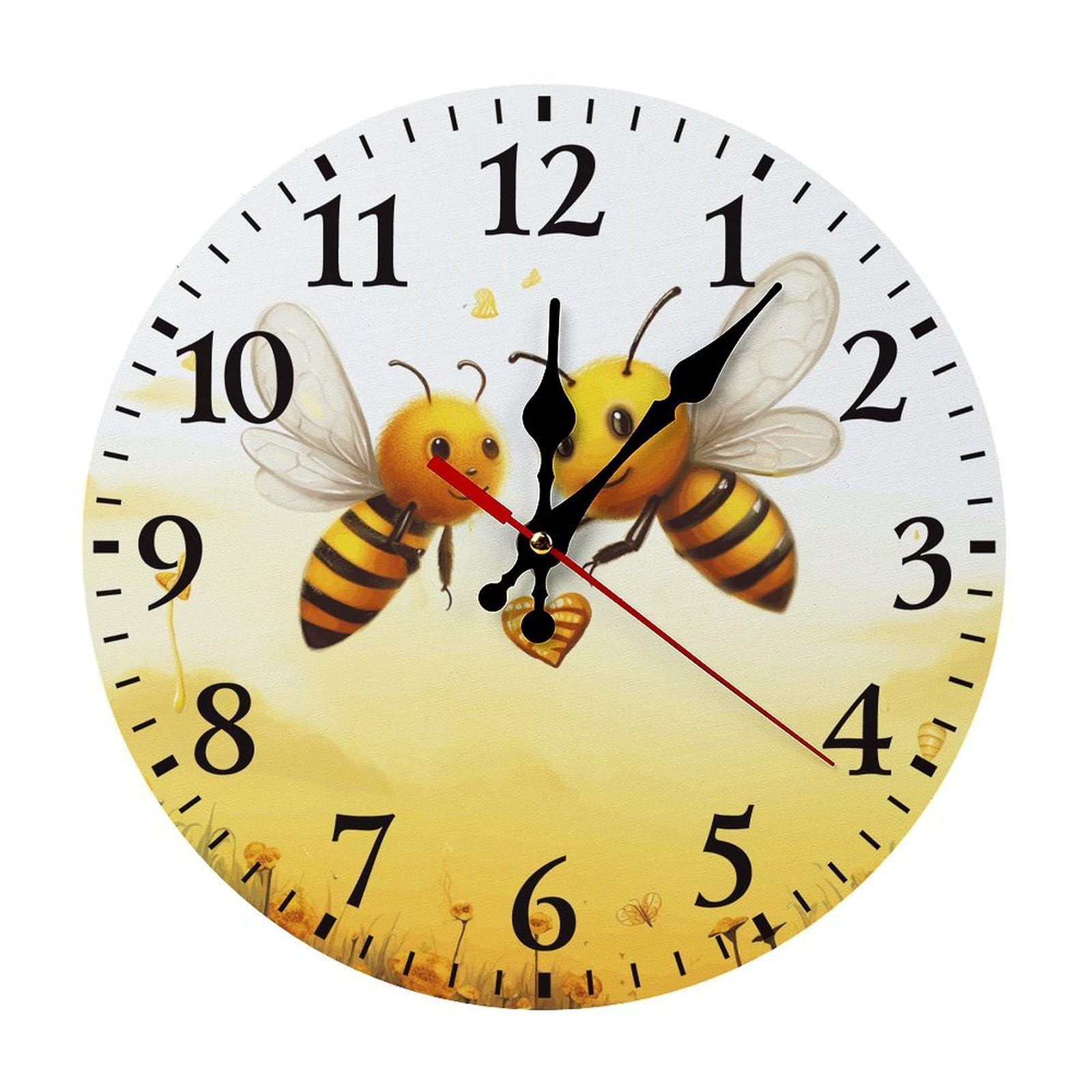 FodPand Round Wood Wall Clock with Scale Markers, Silent Non Ticking Analog Clock, Battery Operated Easy to Read Decorative Bee Love Honey Wall Clocks for Home Kitchen Living Room Office