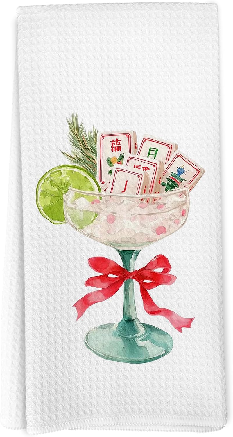 Christmas Mahjong Cocktail Kitchen Towels, Gifts for Mahjong Cocktail Lovers Hand Towels for Bathroom Decor, Coquette Bow Xmas Dishcloths Dish Towel for Kitchen 16x24 Inches