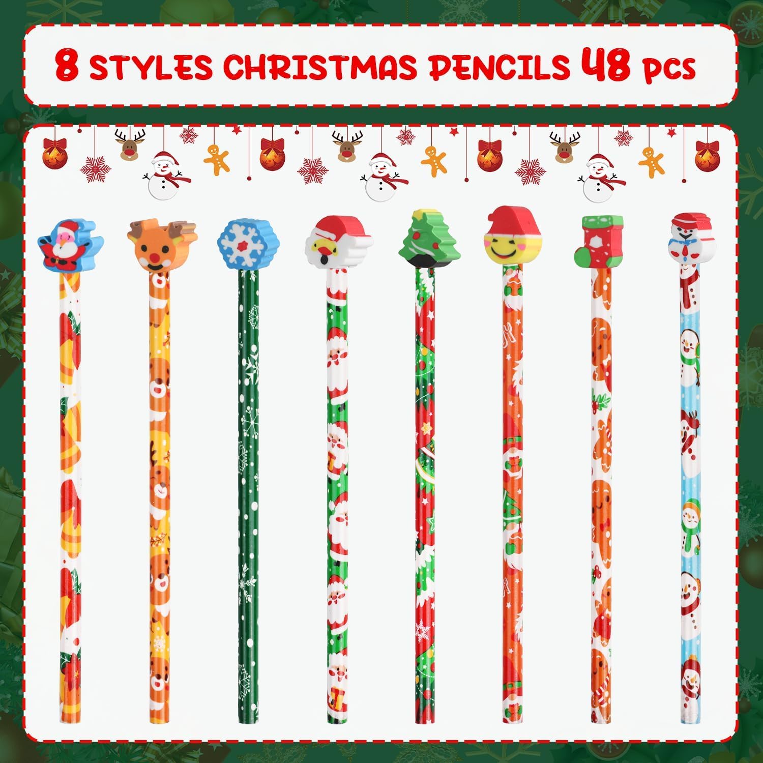 VEYLIN Christmas Pencils, 48 Pack of Xmas Pencils with Erasers Kids Children Holiday Gifts Christmas Classroom Prizes - Image 4