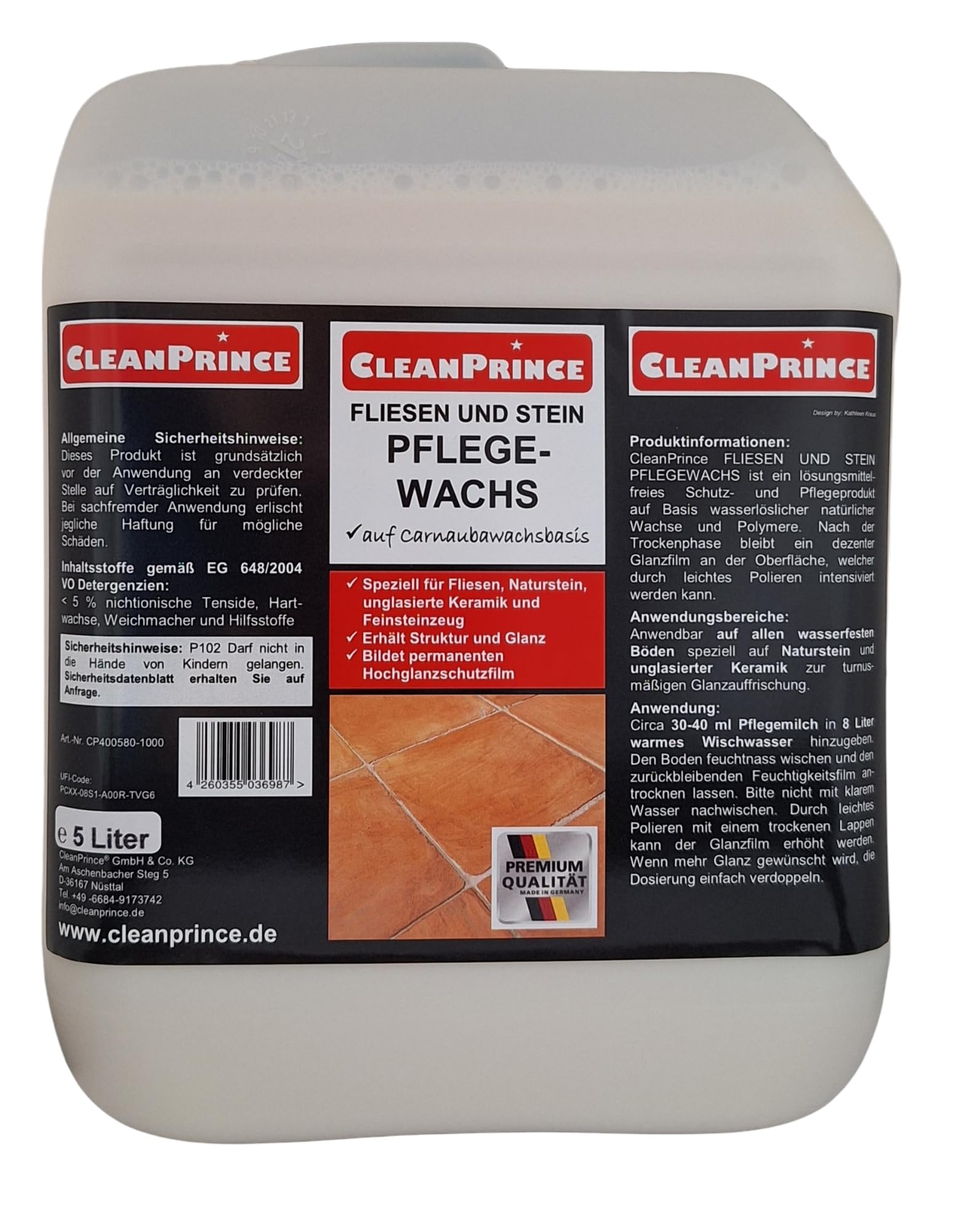 Cleanprince 5 Litros Baldosas y Piedra Cuidado de Cera Cera de Carnauba Piedra Natural Unglasierte Cerámica Limpieza Glanzauffrischung Medio de Cuidado Limpiador Brillo Hochglanzschutzfilm Pflegemilch