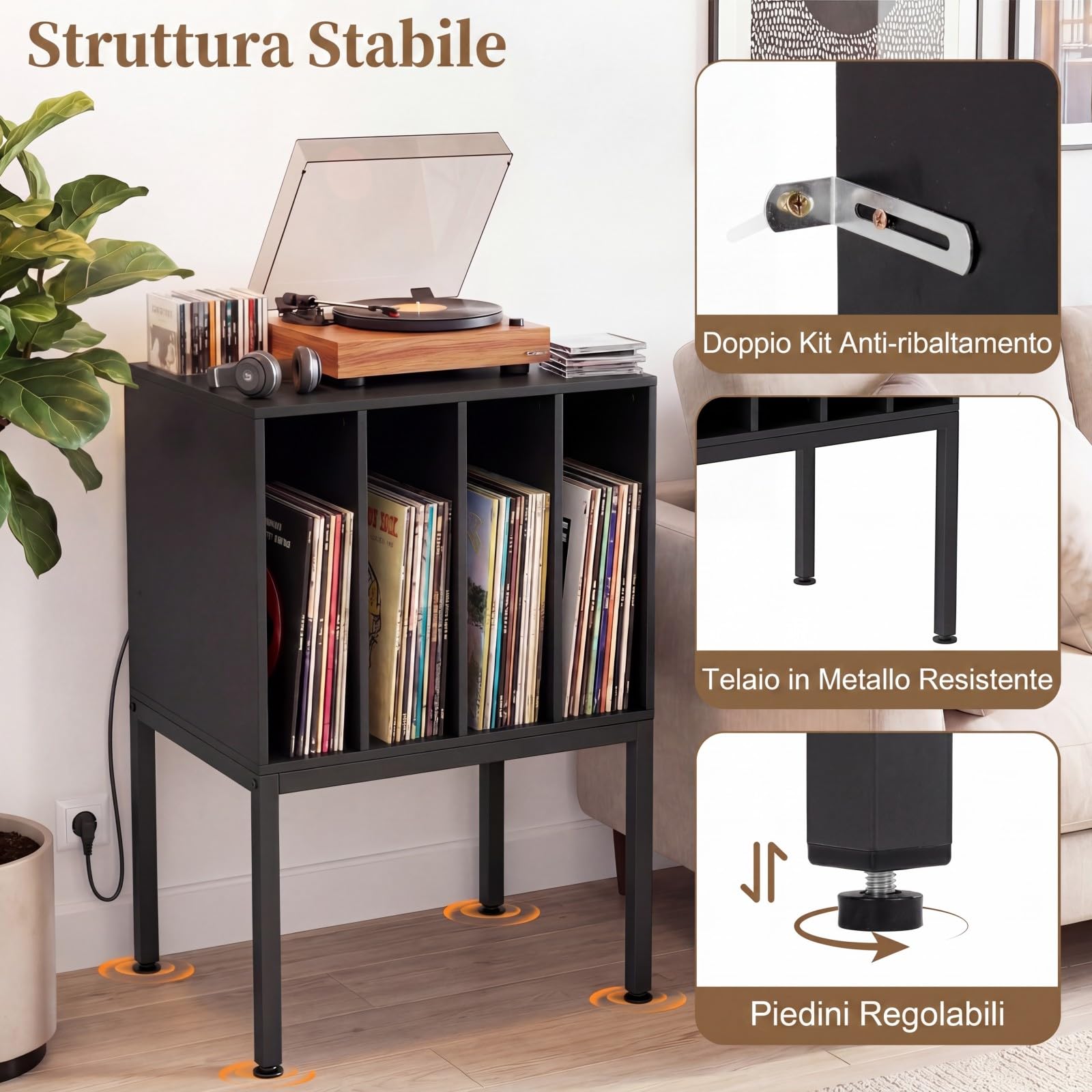 COSTWAY Mobile Porta Giradischi, Supporto per Vinili in Legno con Stazione di Ricaricae, 4 Scomparti, Gambe Rialzate in Metallo, Scaffale per Dischi per Soggiorno e Sala Musicale, 50 x 40 x 81 cm