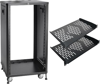 RIVECO 22U Stereo & Studio Rack with Caster Wheels, Rolling Network Cabinet, Open Frame Audio Rack for 19-inch Video Music Recording & IT Equipment Lifting Handle & 10" Rack Shelves 2 PCS