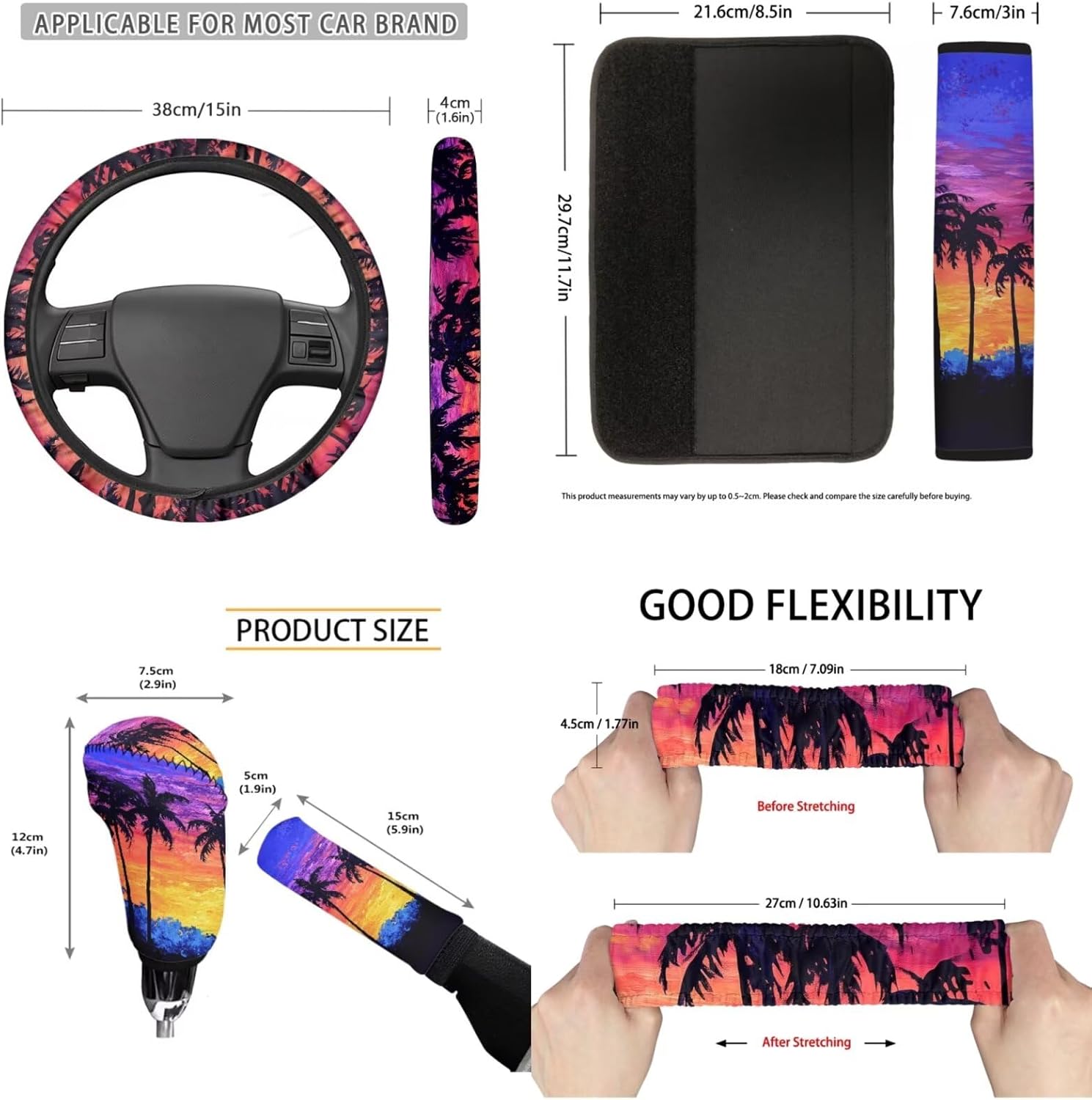 Coconut Tree Car Seat Covers Full Set 11 Pack Auto Seat Belt Cover Steering Wheel Cover Gear Lever Cover Hand Brake Cover Universal Fit for Cars SUV