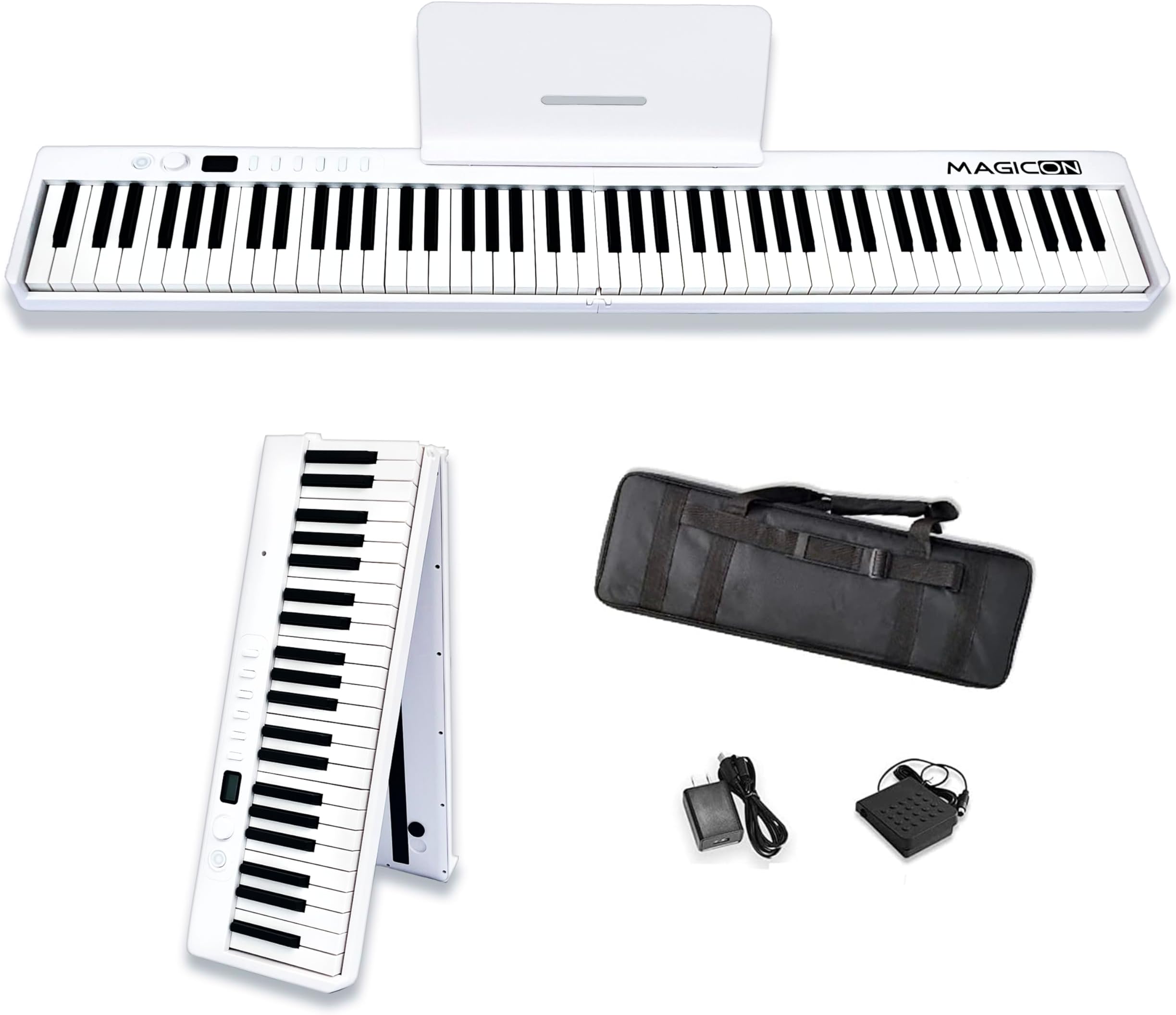 New 88 Key Foldable Electronic Piano can be folded in 180°,more portable. True and Pure Grand Piano Sound Source by France DREAM, Foot Pedal/Power adapter/Delicate Handbag (White+)