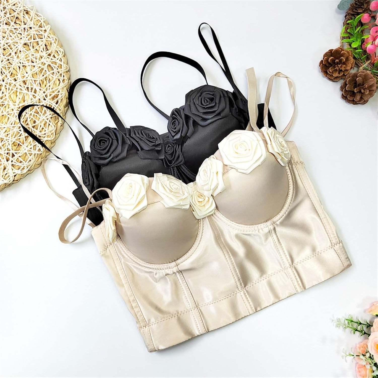 Women's Corset Bustier Satin Lace Flower Trim Halter Tops Belly Dance Bra Top Bra Clubwear