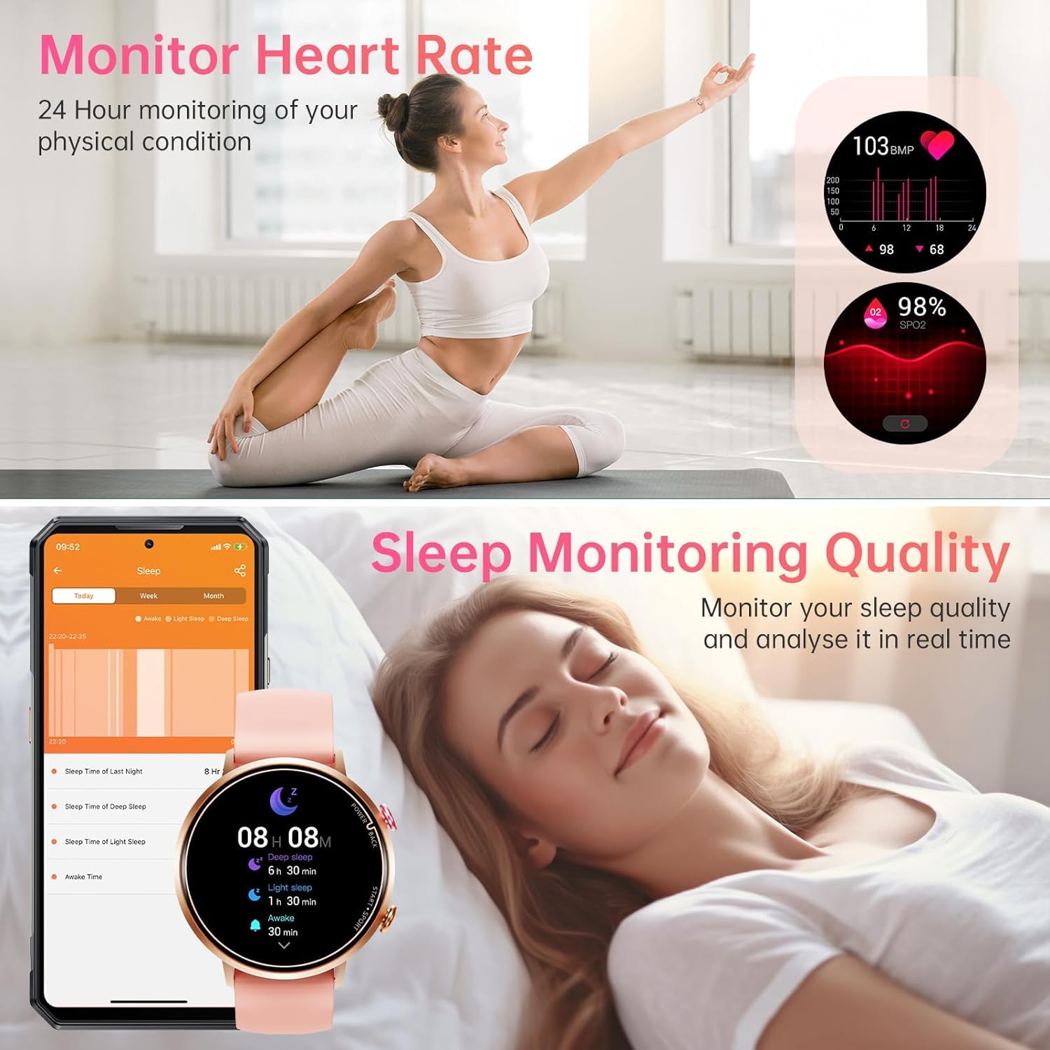 OBA OUKITEL BT60 Montre de Fitness pour Femme, écran 1,32", Moniteur Cardio, étanche 5 ATM, Suivi d'activité, Rose, Rose, M-L