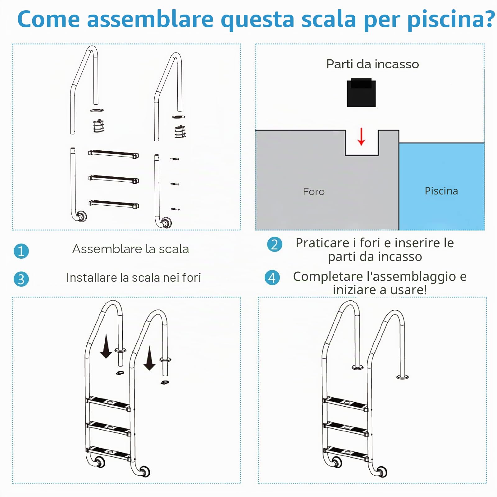 LIFEZEAL Scala per piscina a 3 gradini in acciaio inox, scala da piscina a forma di U con gradini antiscivolo e comode mani correnti, ideale per piscina, spa, parco