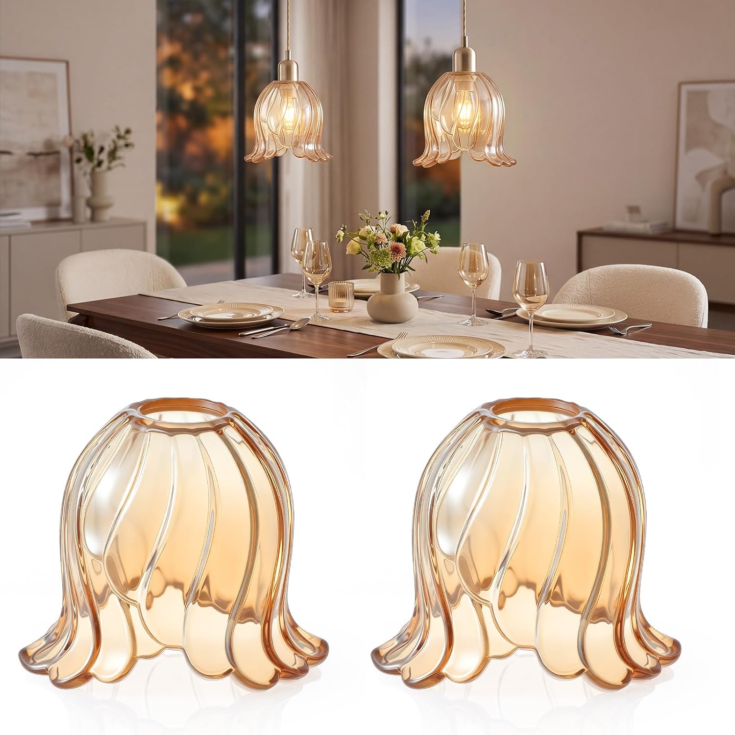 Teenyyou 2 Pcs Small Amber Glass Lamp Shade Compatible with E26/e27 Base Lily Mini Wall Sconce Shade 1.65" Top x 6.3" Dia. x 5.31"h Tulip Pendant Light Covers Replacement for Vanity Chandelier