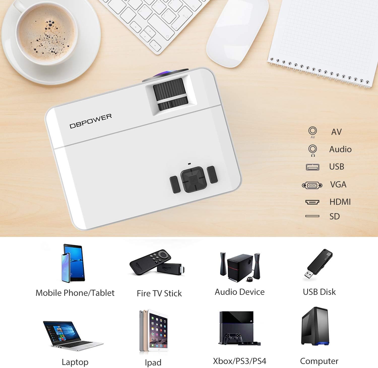 DBPOWER Projector, Upgraded 3500 Lux Mini Projector, 50000 Hrs 1080P Supported Video Projector Compatible with HDMI, USB, VGA, AV, TF, TV Stick and Smartphone (Upgraded Brightness and Reduced Noise)
