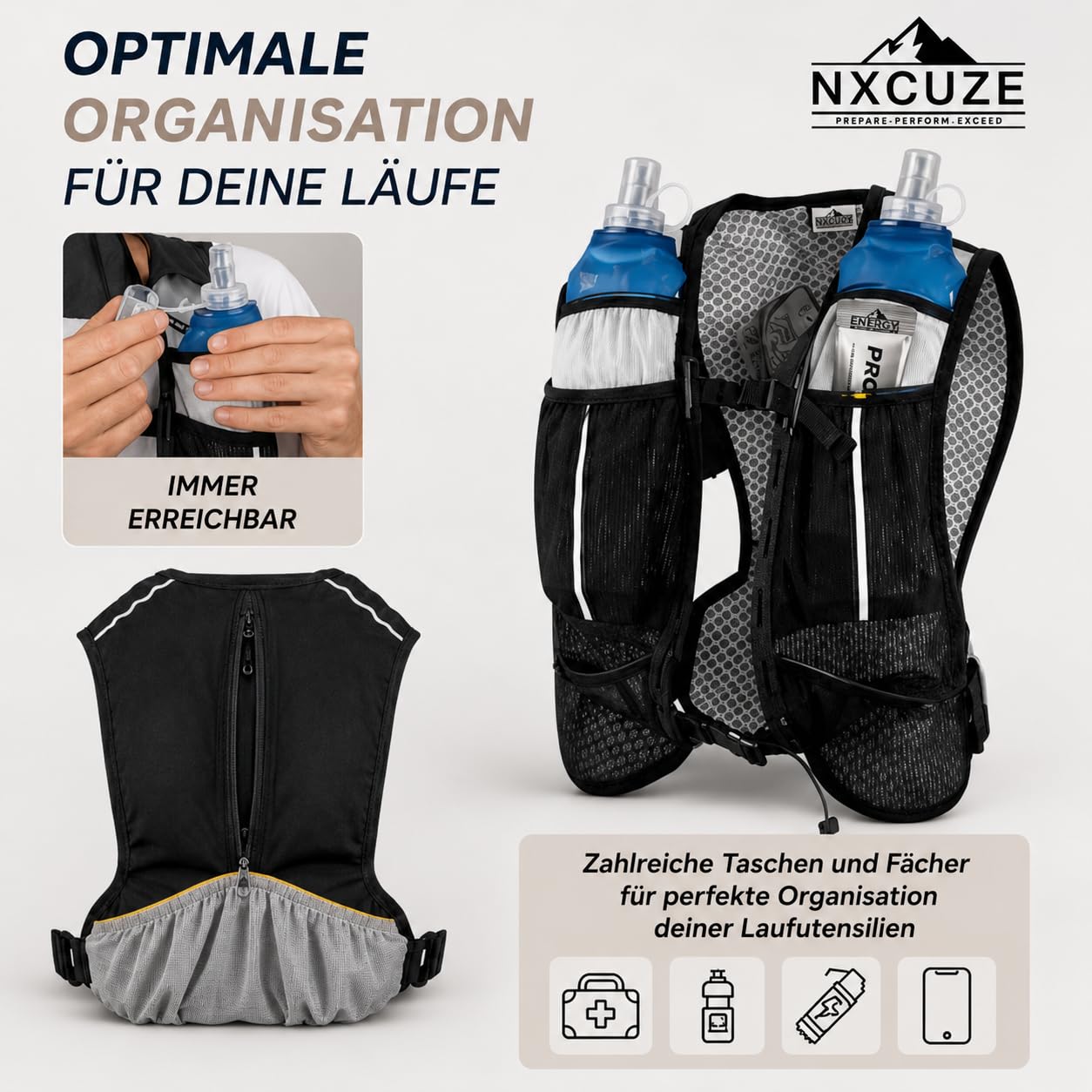 NXCUZE® Premium Laufweste Damen & Herren mit 2X 500ml Trinkflasche – Laufweste mit Trinkflasche / Trinkrucksack & Laufrucksack zum Laufen, Joggen & Trailrunning – Ultraleicht & verstellbar