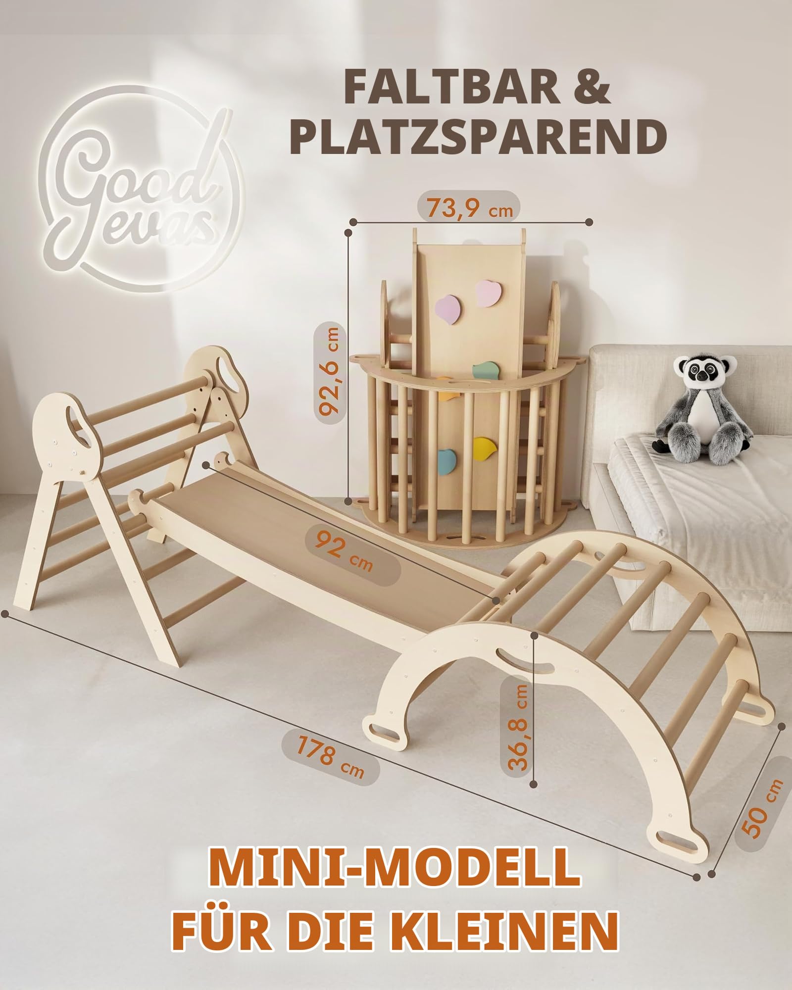 Goodevas Montessori Kletterdreieck Set | Klettergerüst Indoor Holz mit Dreieck, Wippe, Rutsche, Kissen & Kunst-Set, Umbaubar, 1-3 Jahre, Beige mit grünem Kissen