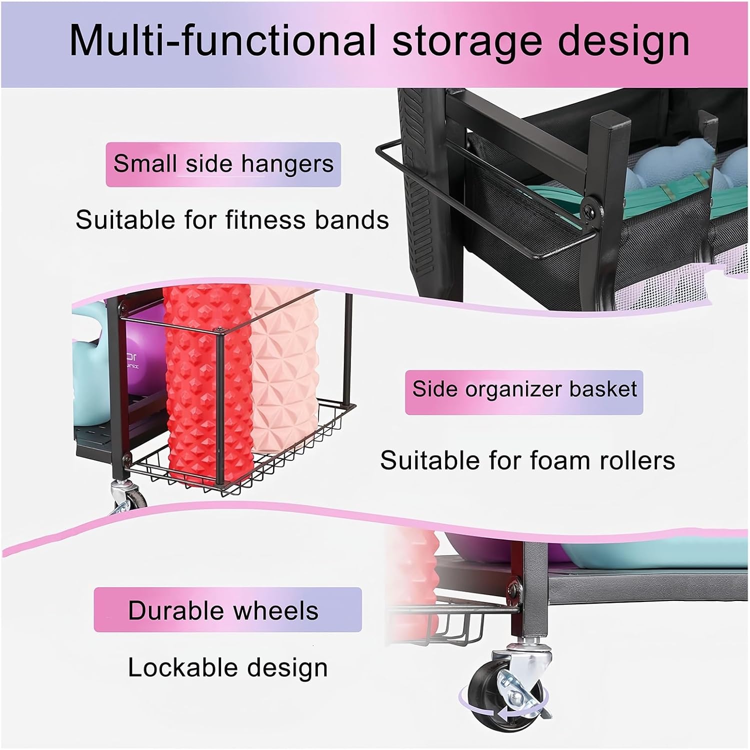 Dumbbell Rack Weight Stand,Storage Rack for Yoga Mat Kettlebells and Strength Training Equipment,All in One Workout Storage with Wheels and Hooks