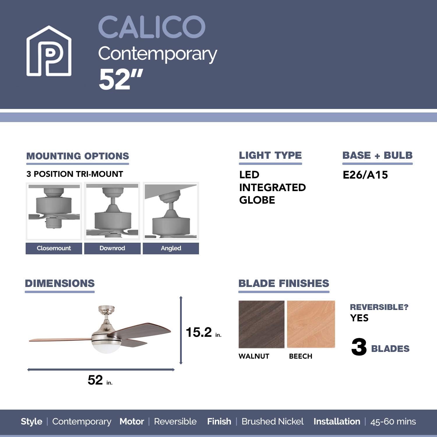 Cheap Prominence Home 80035-01 Calico Modern/Contemporary Remote Control Integrated LED Light Kit, 52, Brushed Nickel