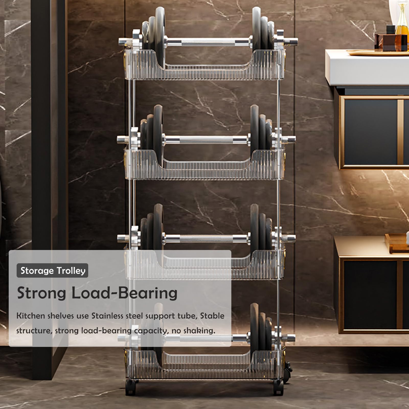 Carrello multiuso grigio a 4 ripiani con serratura in acrilico per cucina e bagno, scaffale multifunzionale per soggiorno e ufficio, facile mobilità